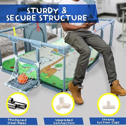 Miniatura 6 de Corralito mejorado con alfombrilla plegable gruesa mejorada, pelotas, 4 anillos, bolsa de almacenamiento, aro de baloncesto y redes de fútbol, patio