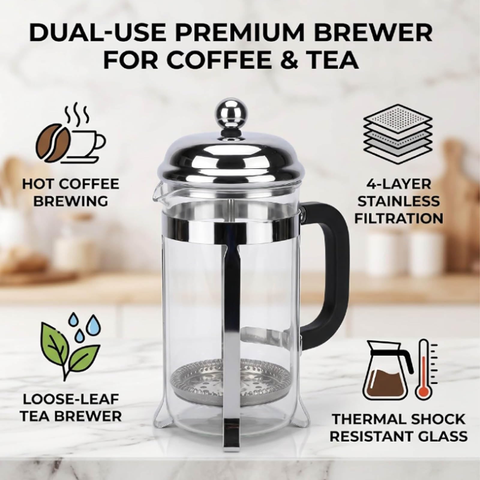 Cafetera émbolo, cafetera émbolo Vidrio Acero Inoxidable sin posos | Cafetera de filtro, espumador de leche portátil de acero inoxidable y vidrio de borosilicato(1000ML)