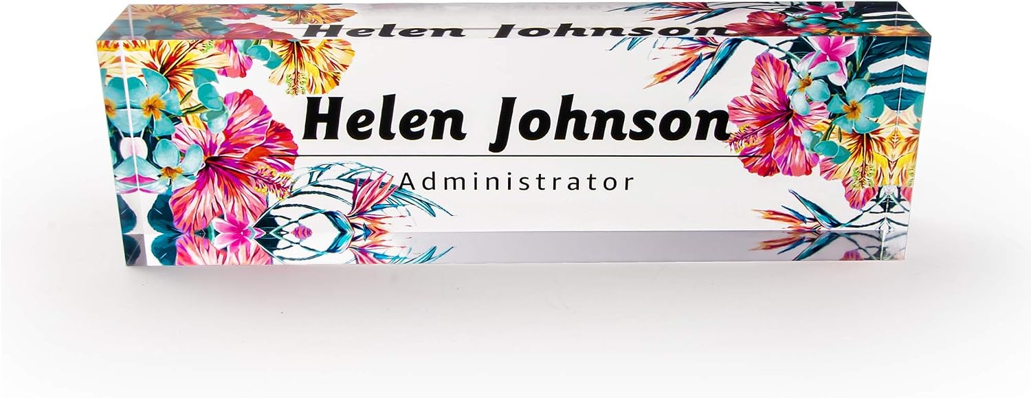 Office Desk Name Plate Personalized - Custom Name Plates for Desks - Tropic Flower Design On Clear Acrylic Glass - 8"x2.4" (Printing - Tropic Flower2)