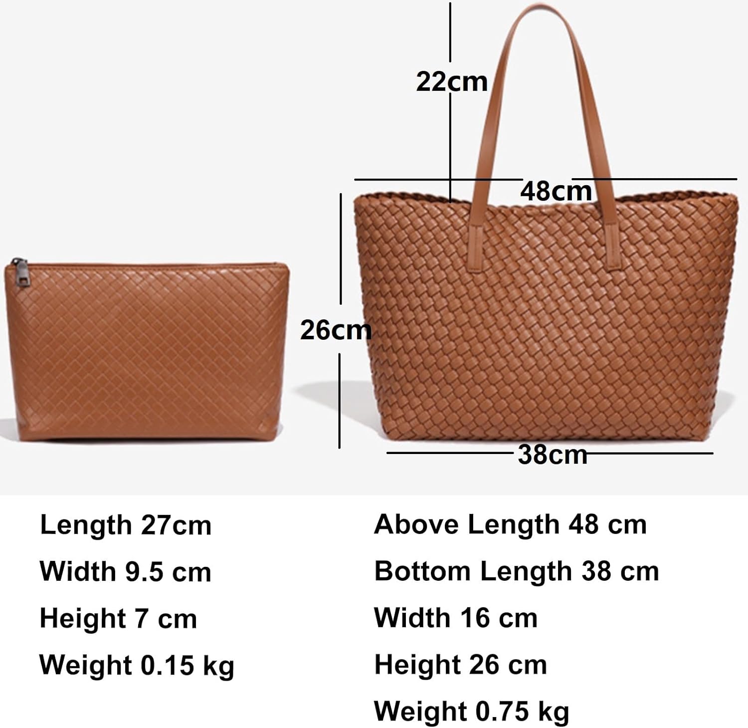 Large Capacity Shoulder Handbag Woven Leather Tote Bag with Matching Pouch Travel Lightweight - Image 2
