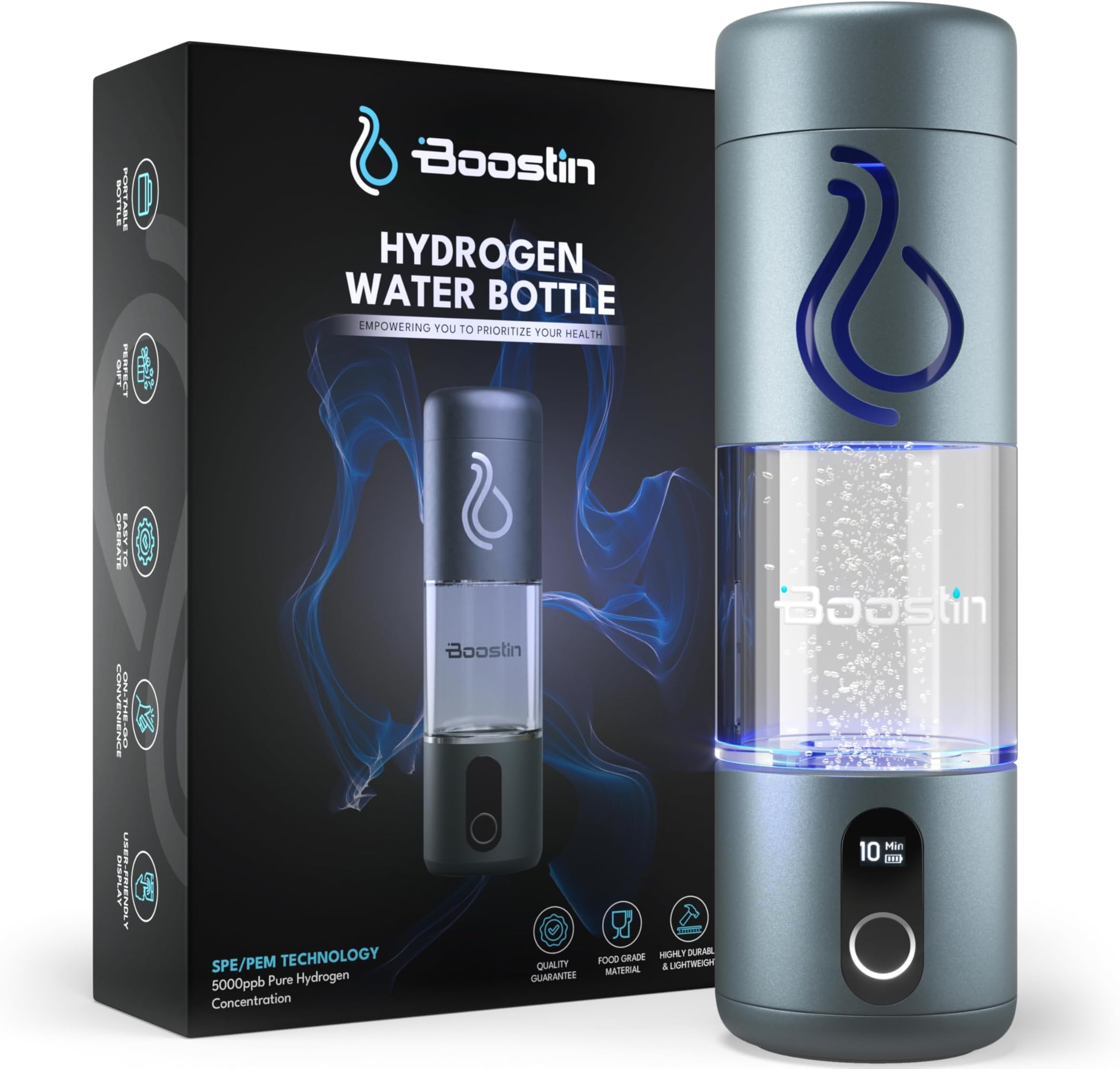 Boostin Pro Hydrogen Water Bottle - 3 in 1 SPE/PEM Technology - Improves Hydration & Antioxidant Benefits - Generates up to 5000PPB - Portable and Lightweight - Food Grade Material with OLED Display