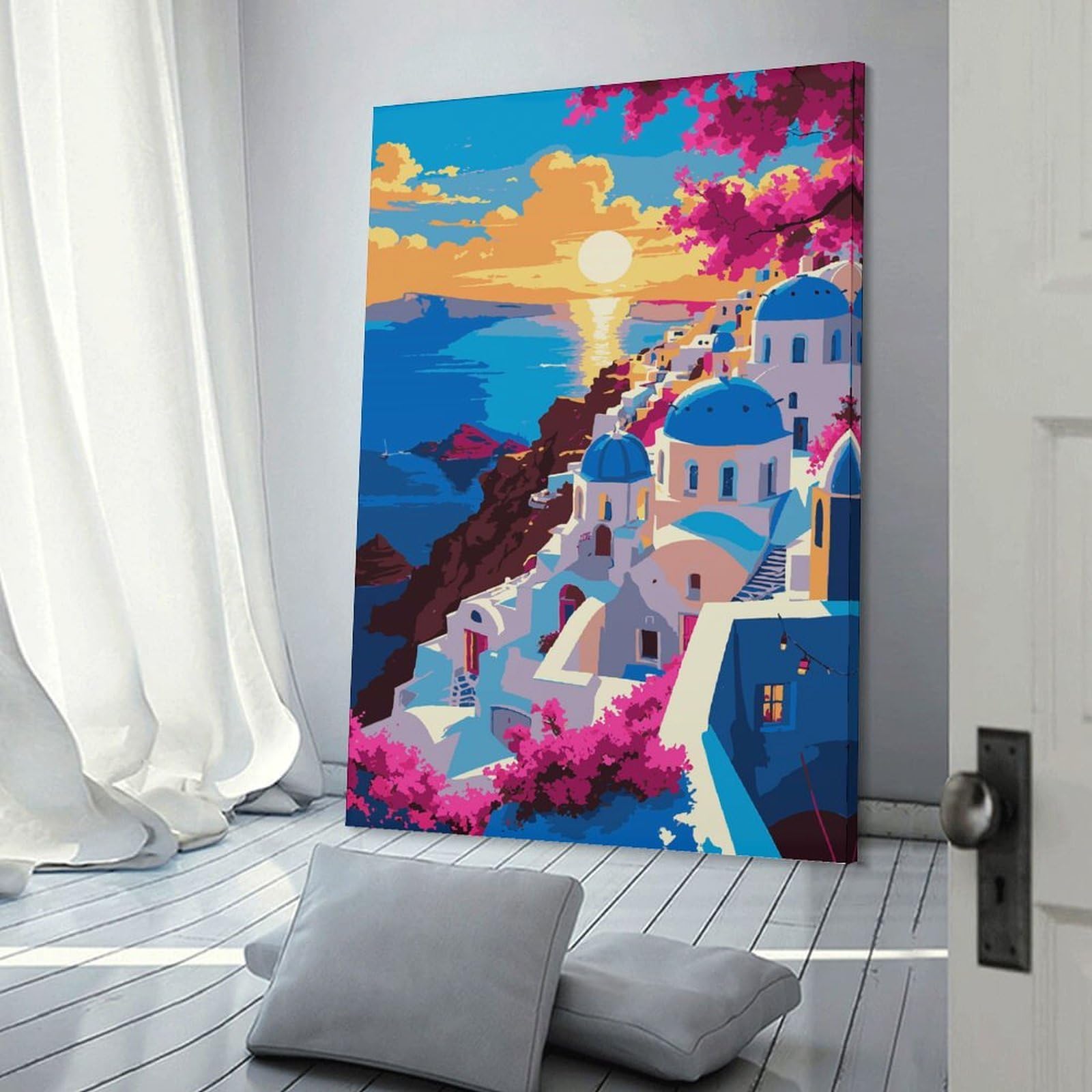 Junmoney Canvas Art Print Santorini Sunset Digital Art, 24x36inch(60x90cm), for Office, Study Or Home Workspace, Decorative Artwork for Productive Spaces