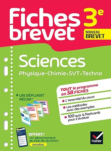 Fiches brevet - Sciences 3e (Physique-Chimie, SVT, Technologie) Brevet 2025: tout le programme en fiches de révision détachables