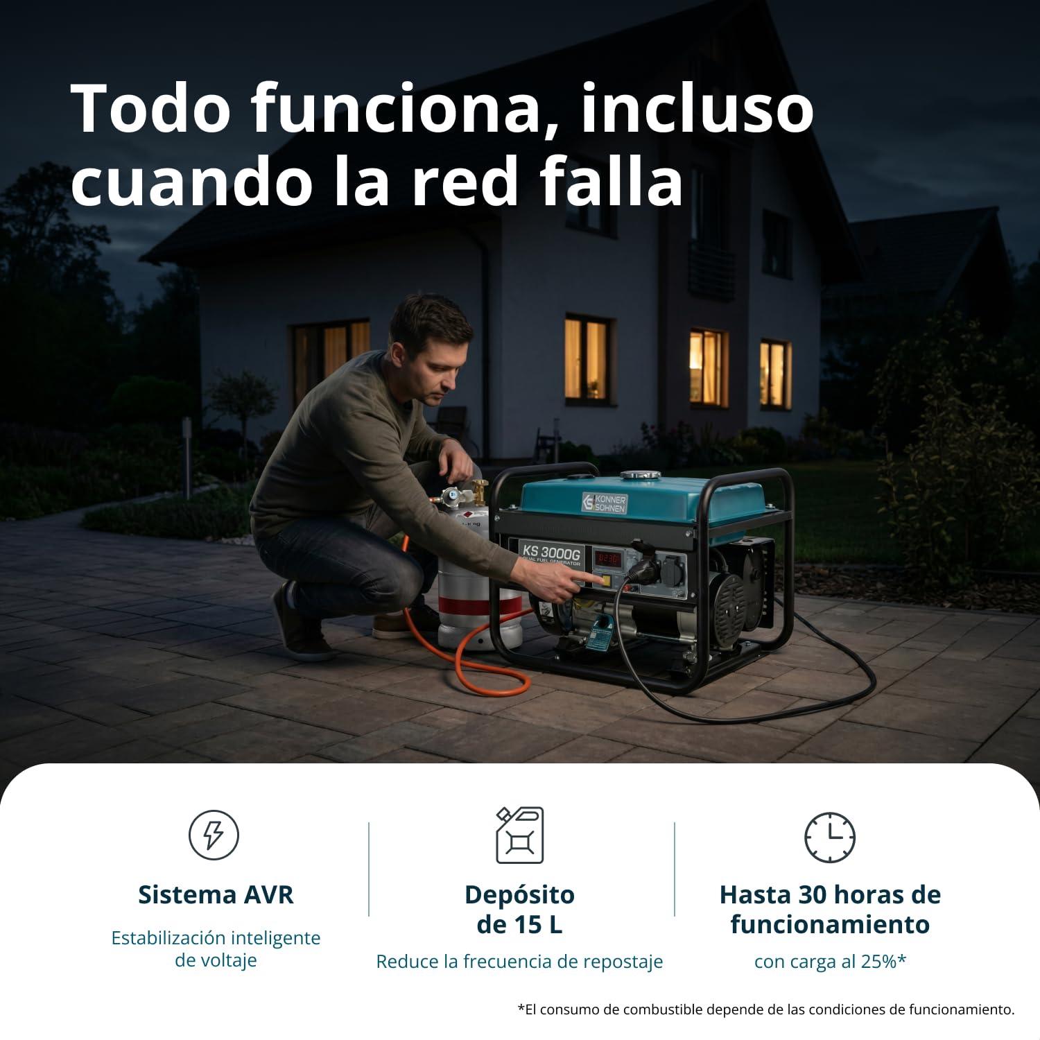 Generador de doble combustible (gasolina y gas) KS 3000G, generador electrico gasolina 3000 W, 2x16A (230 V), 12V, generador 4 tiempos con (AVR), indicador de aceite, protección ante sobrecargas