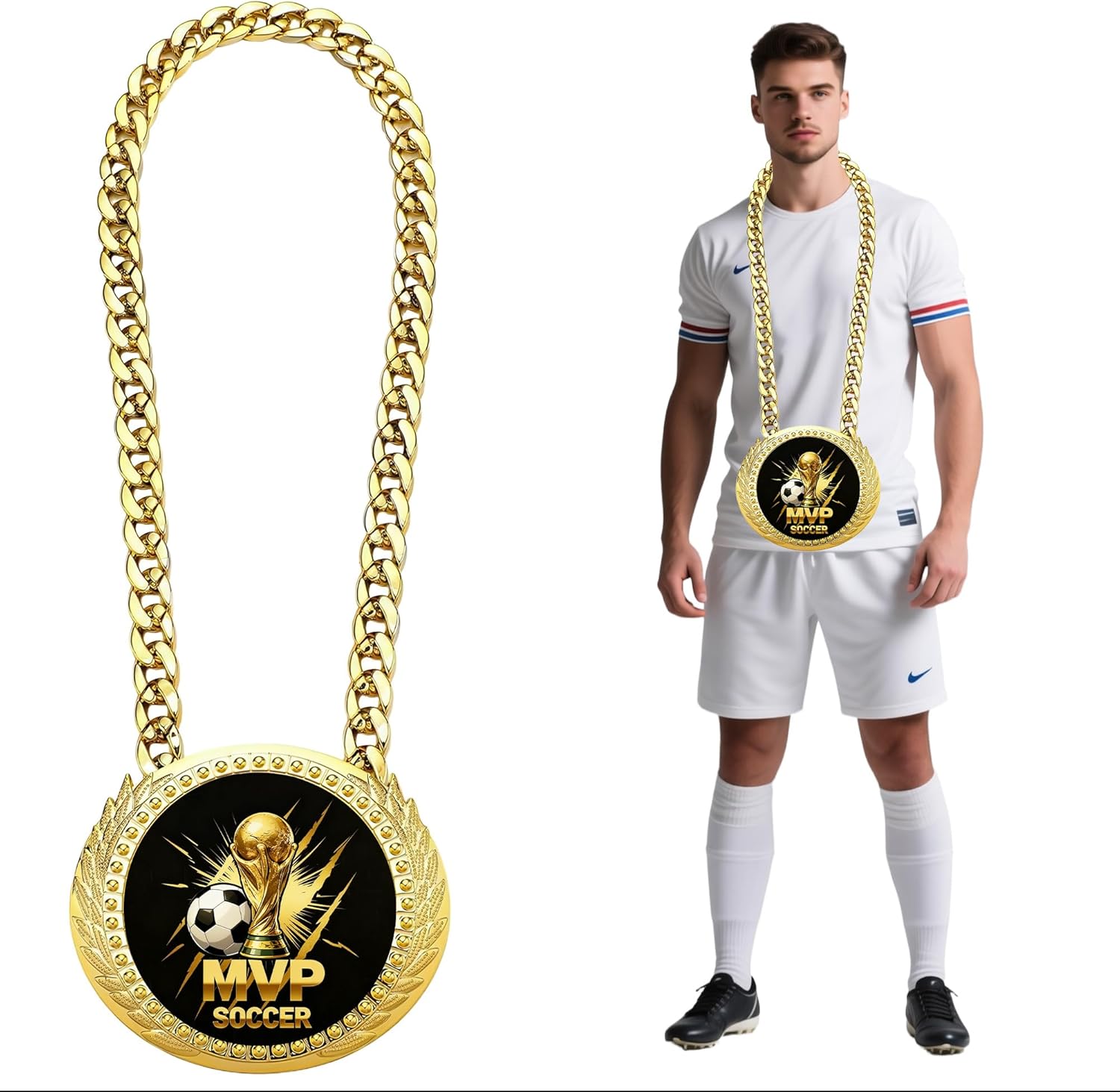 Goutoports Championship Soccer Medal Turnover Chain, 6-Inch Giant Gold MVP Medal, World Cup Style Award Trophy with Gift Box for Soccer Player Competitions & Parties, MVP Winner, Team & Party Prizes