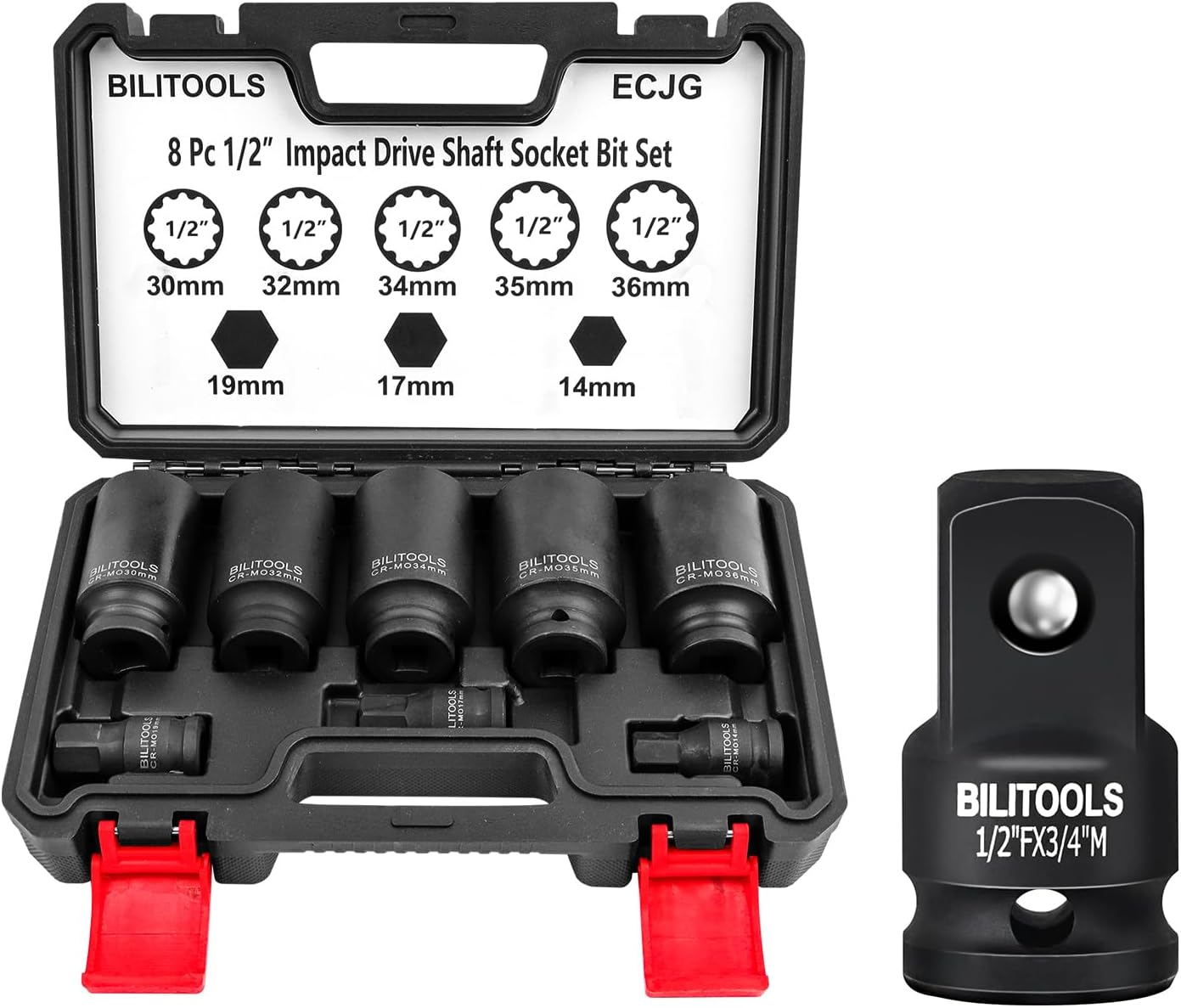 12 Point Axle Nut Socket Set, 1/2" Drive Spindle Axle Nut Impact Deep Socket Set with 1/2" Female x 3/4" Male Impact Adapter