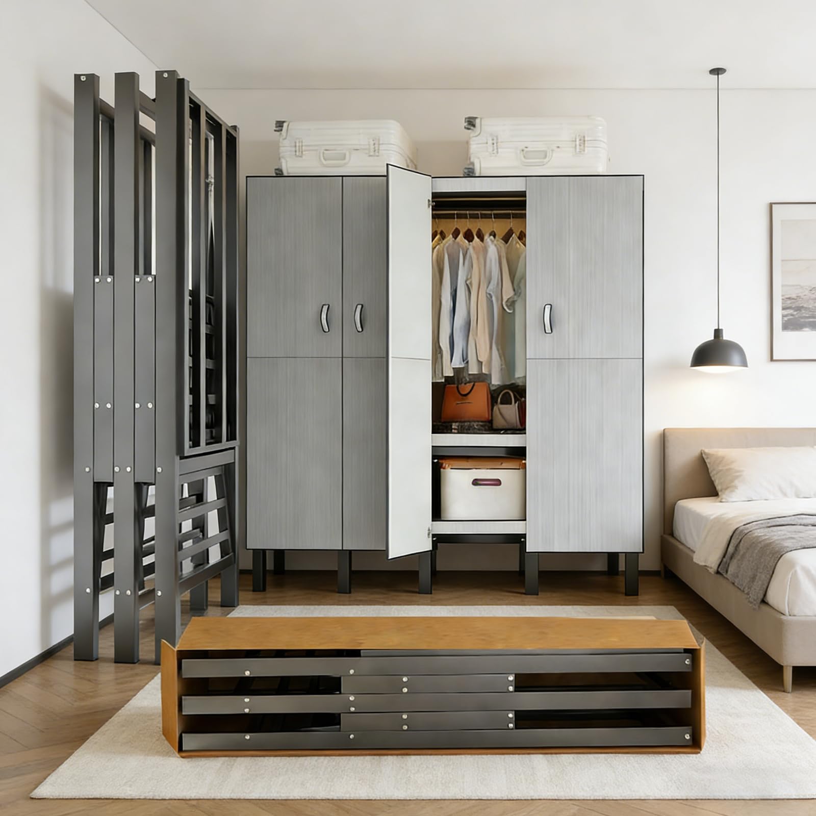 Armario Plegables Portátil, Armarios de Tela con Ruedas y 2 Barras de Colgar, Armario de Tela Almacenamiento Multifuncional de Gran Capacidad, Carga de 907 kg, para Dormitorio (D, gray door, 100cm)