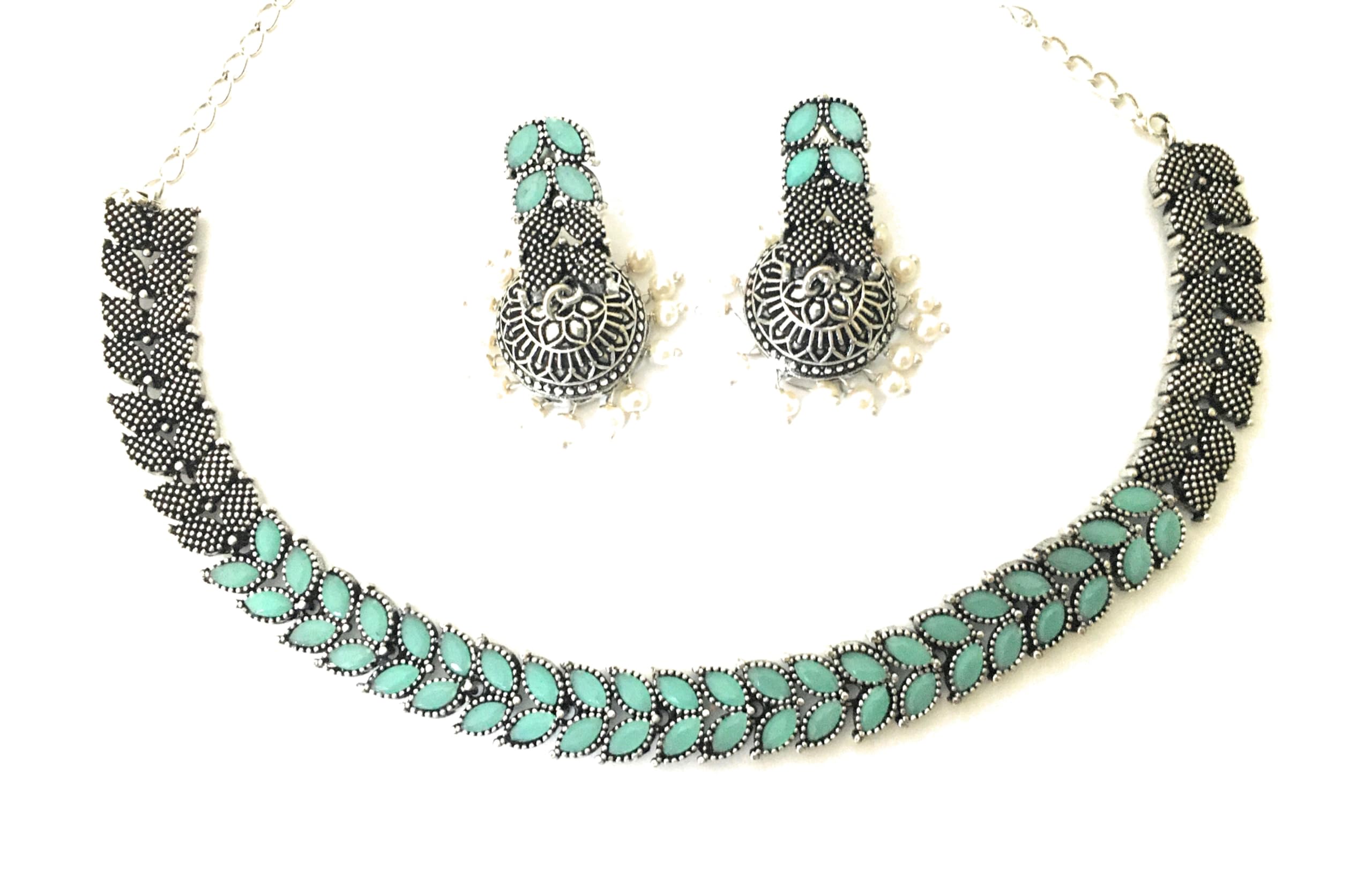 Sasitrends Trendy Leaf Designer Oxidised German Silver Necklace with Pearl Jhumkas Set for Women & Girls (B0CNPN1T77) Amazon Price History, Amazon Price Tracker