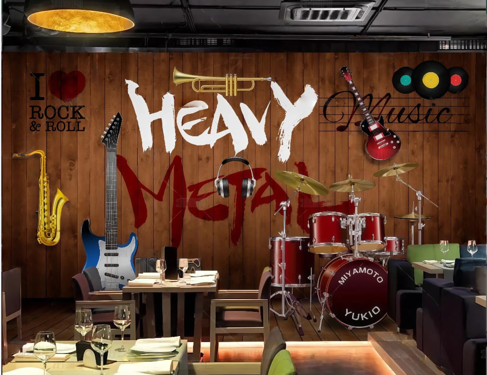 XDOUBAO Wallpaper Retro Nostalgic Wooden Board Rock Music Guitar Bar Nightclub Afternoon Tea Coffee Shop Background Mural Western Restaurant Wallpaper,3D,400x280cm