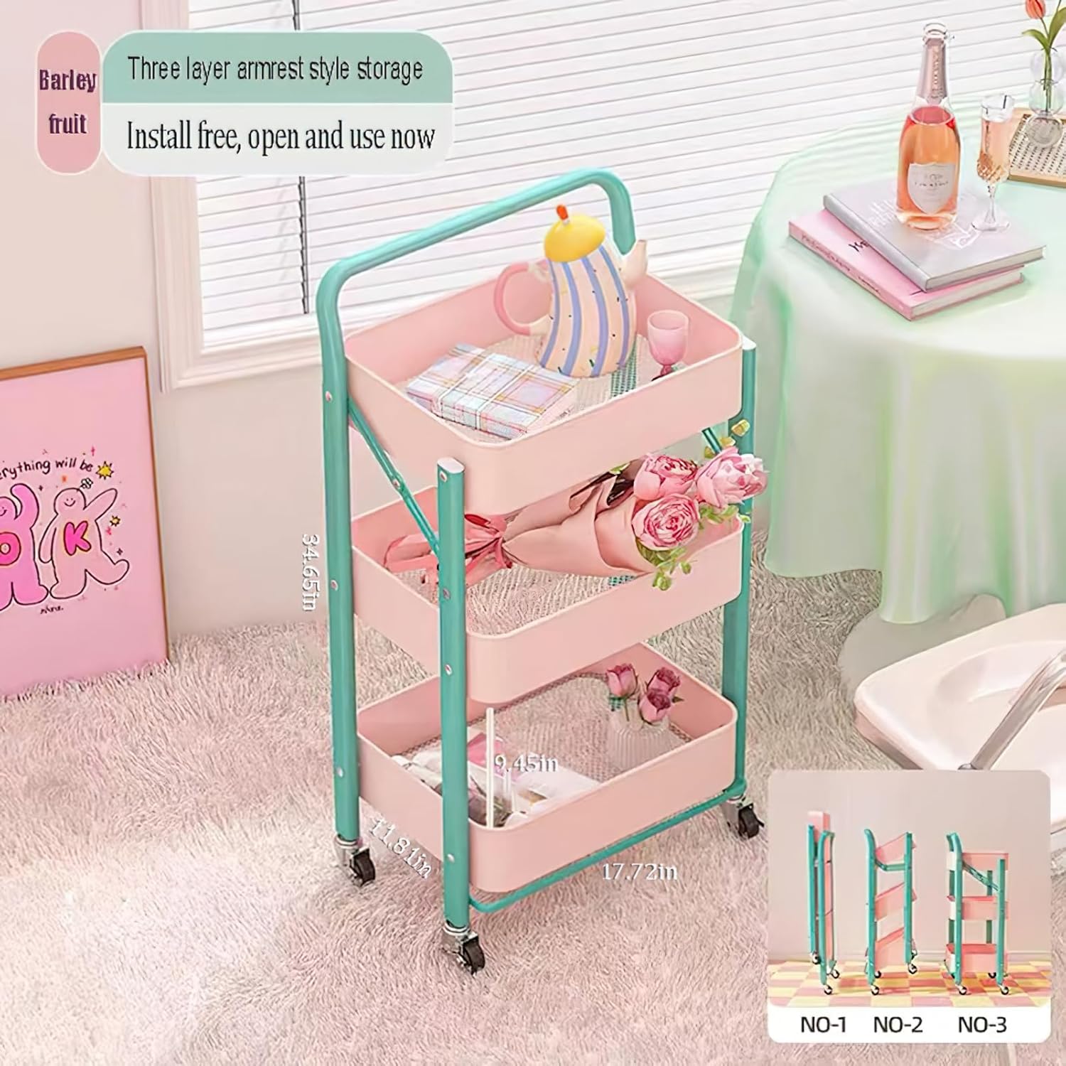 3-Tier Rolling Cart with Wheels, Foldable Storage Organizer with Mesh Baskets, Mobile Utility Cart for Home (Bale Fruit Color Matching)