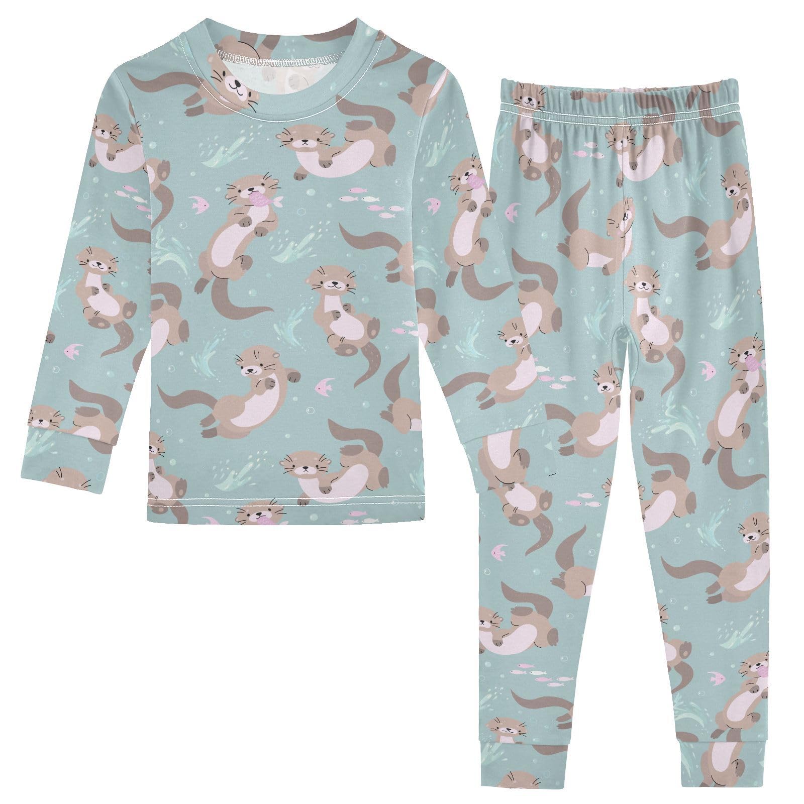 JHKKU Cute Otters Pajamas Set Cotton 2 Piece Soft Comfy Pjs Long Sleeve Lounge Sleepwear 8Y