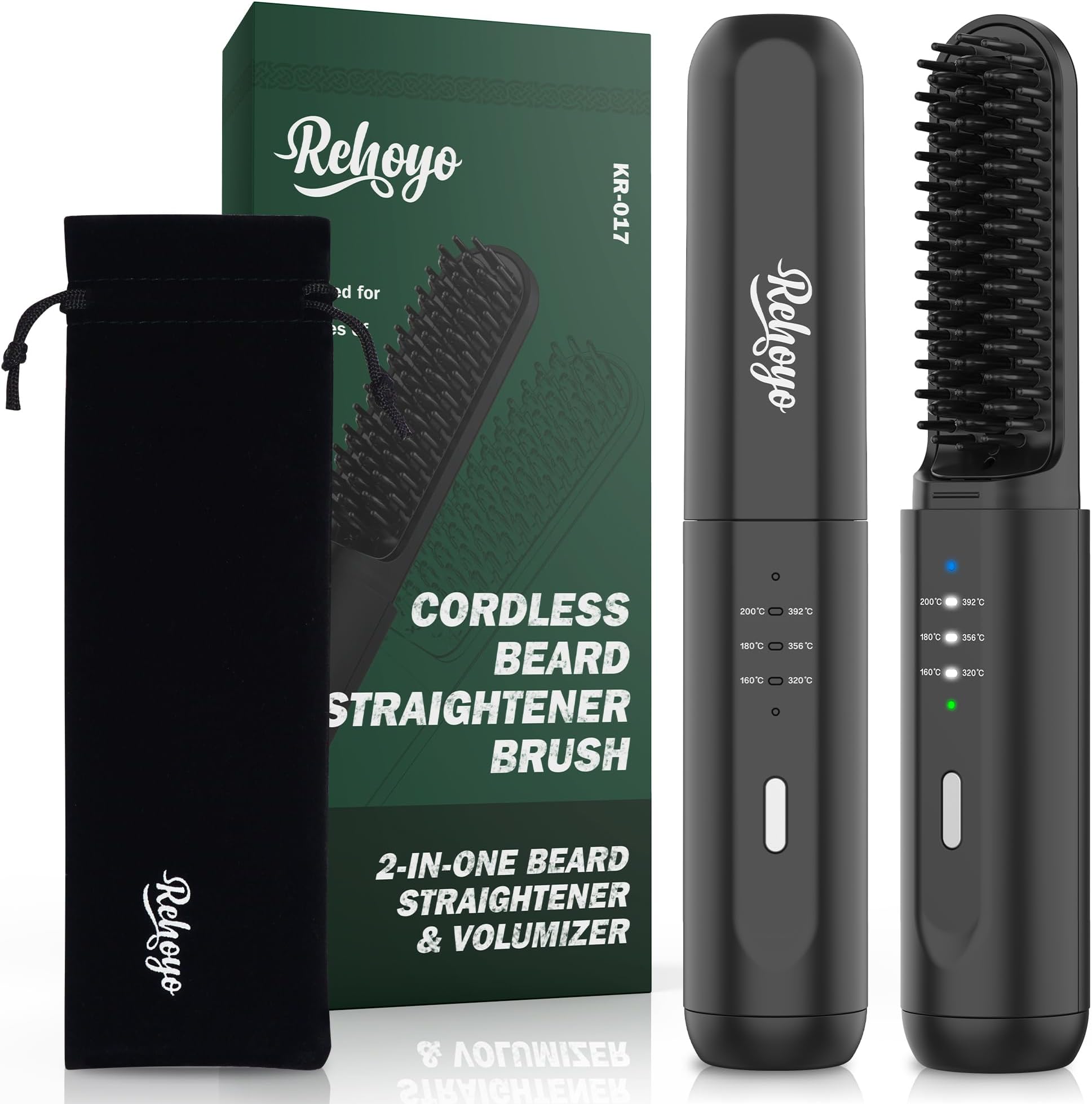 Beard Straightener Brush, REHOYO Cordless Straightening Comb with Different 3 Temperature, Rechargeable Anti-Scald and Auto-Off of Portable Salon for All Type