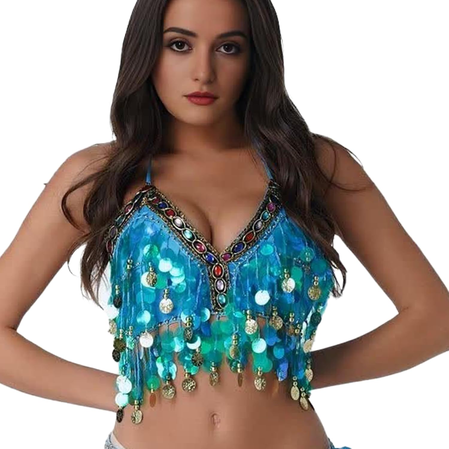Wuchieal Sequin Halter Bra Top Salsa Belly Dance Boho Festival Clubbing Tribal Bra BH Top - Image 2