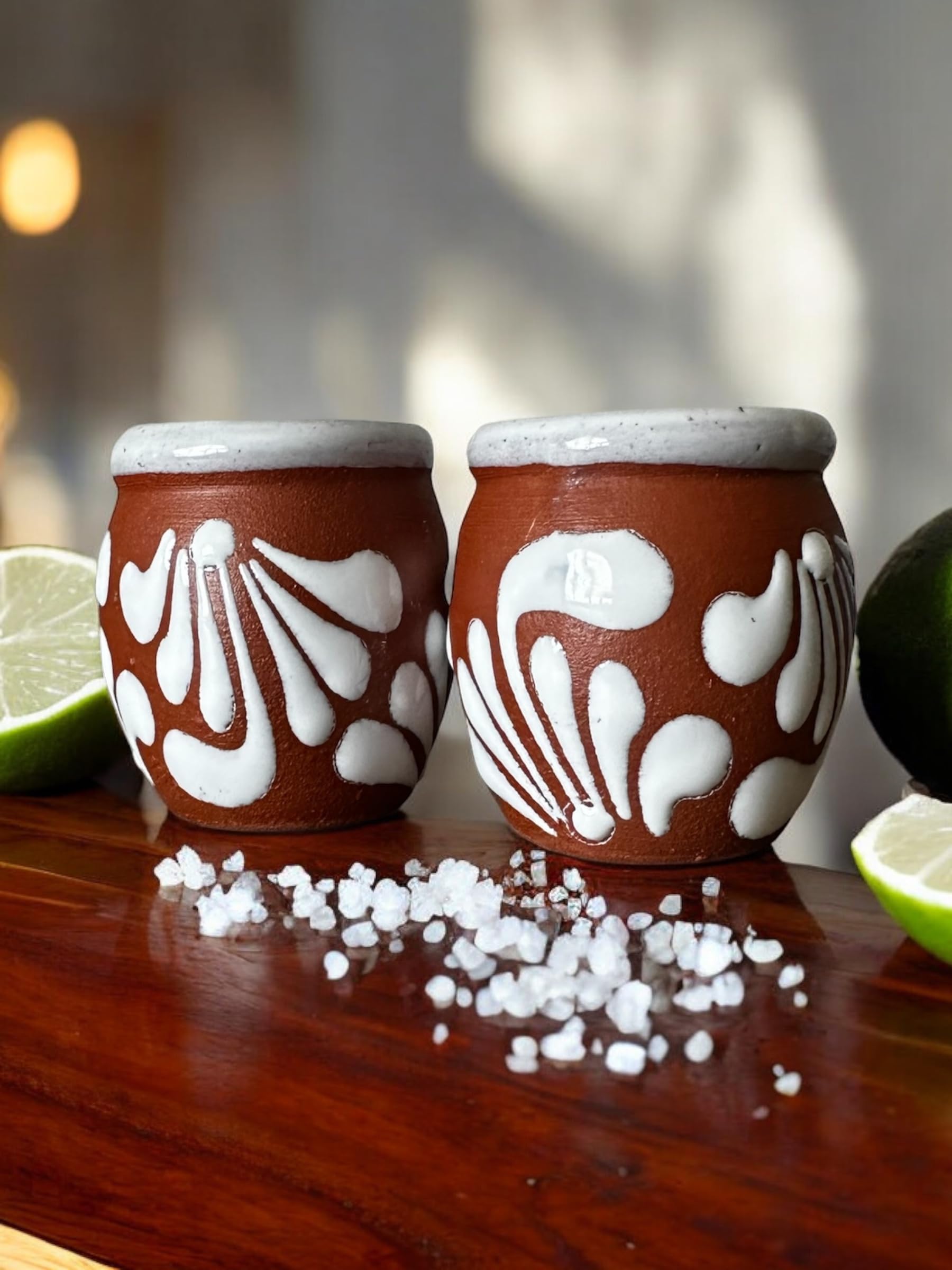 Set of 2 Mini Cantaritos - Handmade Mexican Pottery Shot Glasses - 2 oz Tequila Glasses with Terracotta Base - Perfect for Wedding Favors & Tequila Shots