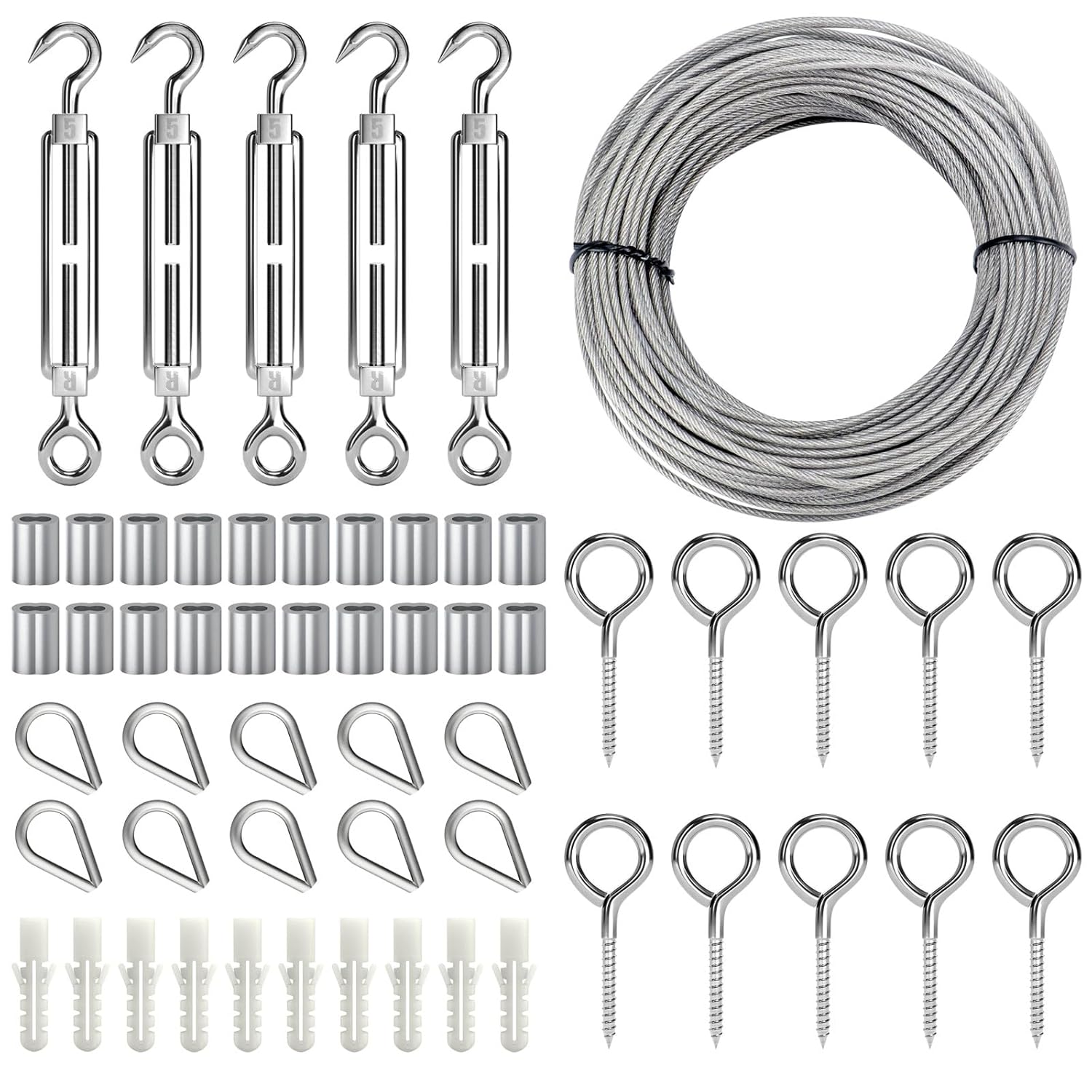 Sanuke M5 Turnbuckles for Cables Wire Kit, 100FT 1/16" Coated Wire Rope, 304 Stainless Steel Turnbuckle Cable Tensioner Kit, for String Lights Sun Shade Sail Garden Wire