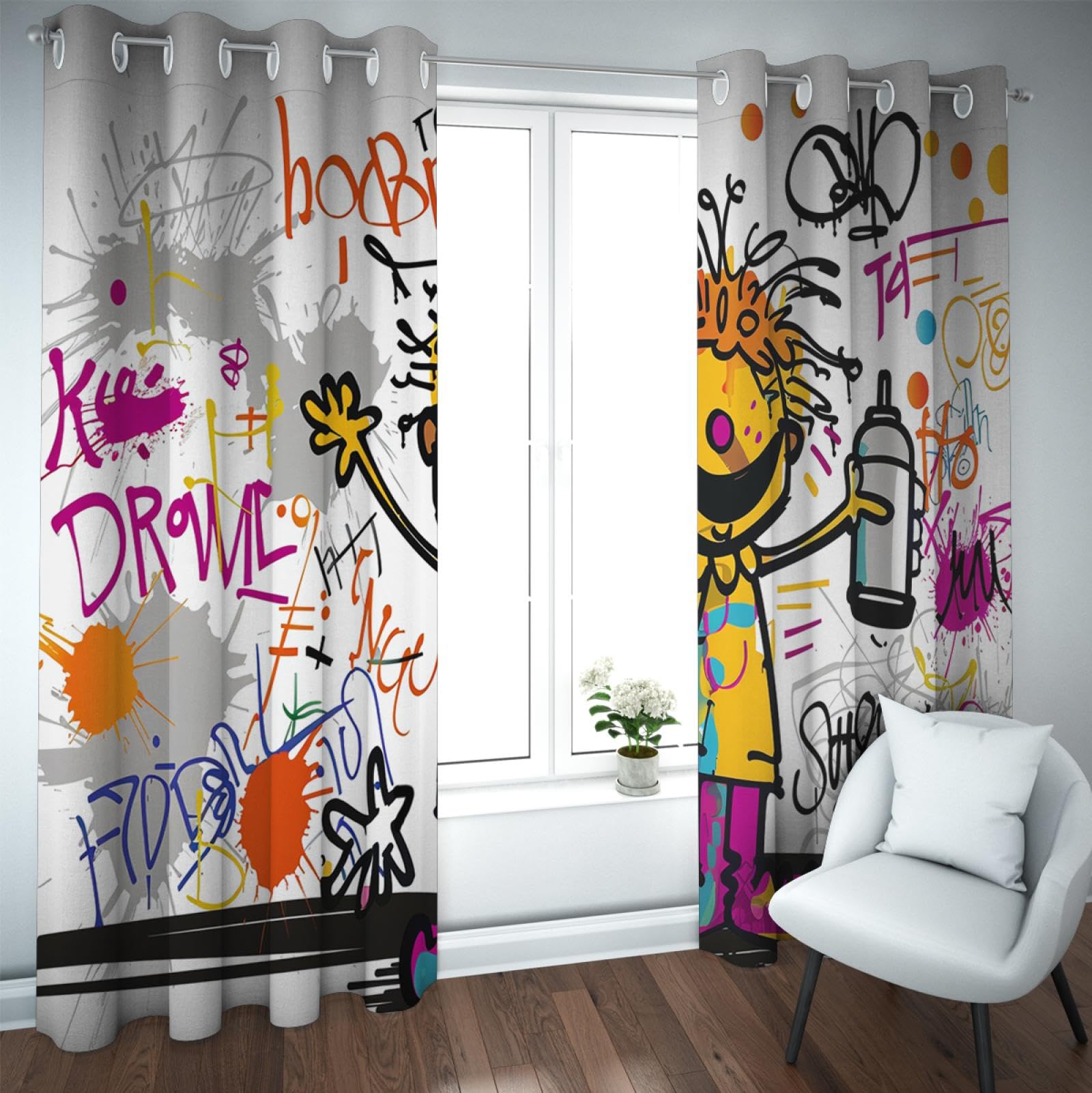 Mehrfarbige Graffiti Kurze Vorhänge für Fenster Anime Kinderzimmer Vorhänge für Glasschiebetüren Bunte Kinder Vorhänge B132xH225