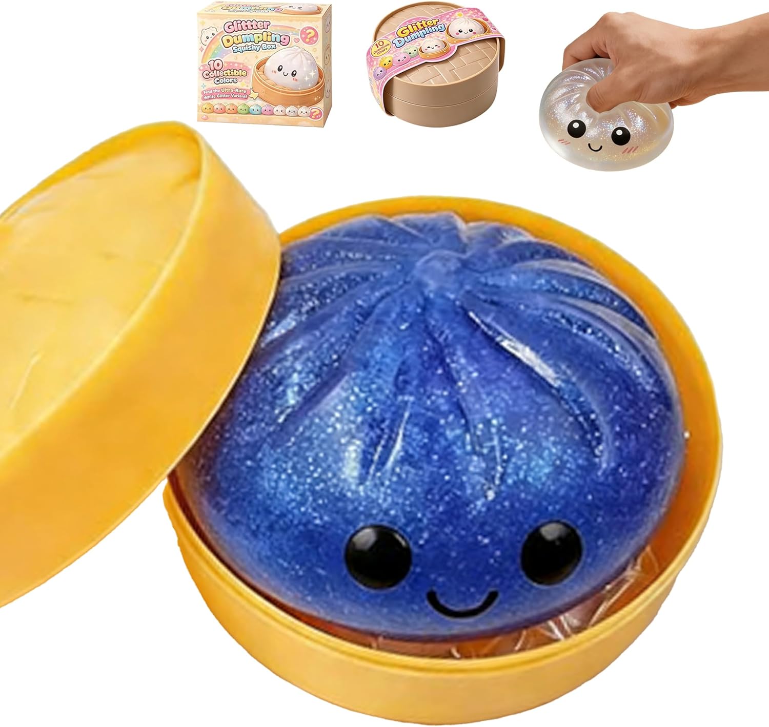 Glitter Dumpling, Glitter Dumpling Squishy with Box, Anxiety Relief Fidget Sensory Soft Squeeze Decompression Dough (Blue)