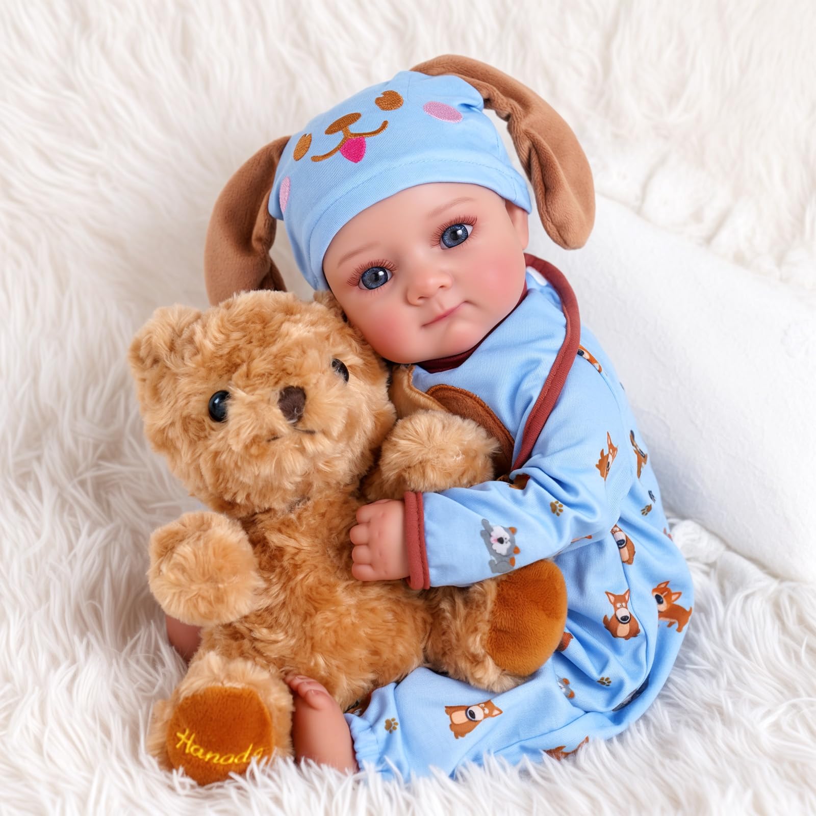 BABESIDE Lifelike Baby Doll - 17 Inch Soft Body Baby Doll with Blue Eyes, Newborn Girl Dolls with Puppy Outfit & Feeding Accessories for Kids 3+ Pretend Play & Collectors