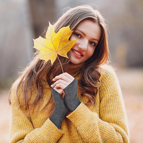 Vista 18 de Amandir Guantes largos sin dedos para mujer, calentadores de brazos, guantes elásticos de punto para el pulgar Gris oscuro Gris oscuro Gris claro