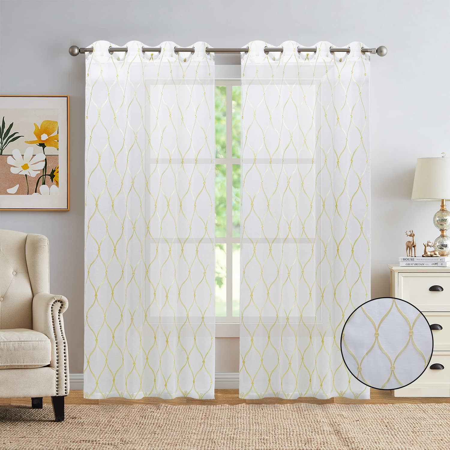 July Joy White Sheer Curtains 96 Inches Long Beige Moroccan Embroidered Grommet Semi Window Drapes for Living Room Bedroom, 2 Panels