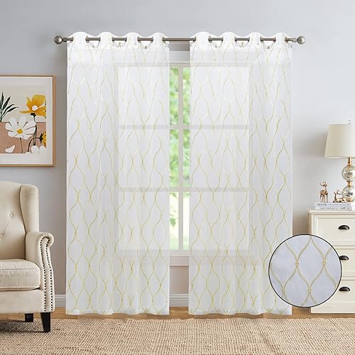 Miniatura 8 de July Joy Cortinas traslúcidas blancas de 18 pulgadas con cenefa bordada, marroquí, con ojales, para sala de estar, dormitorio, 2 paneles