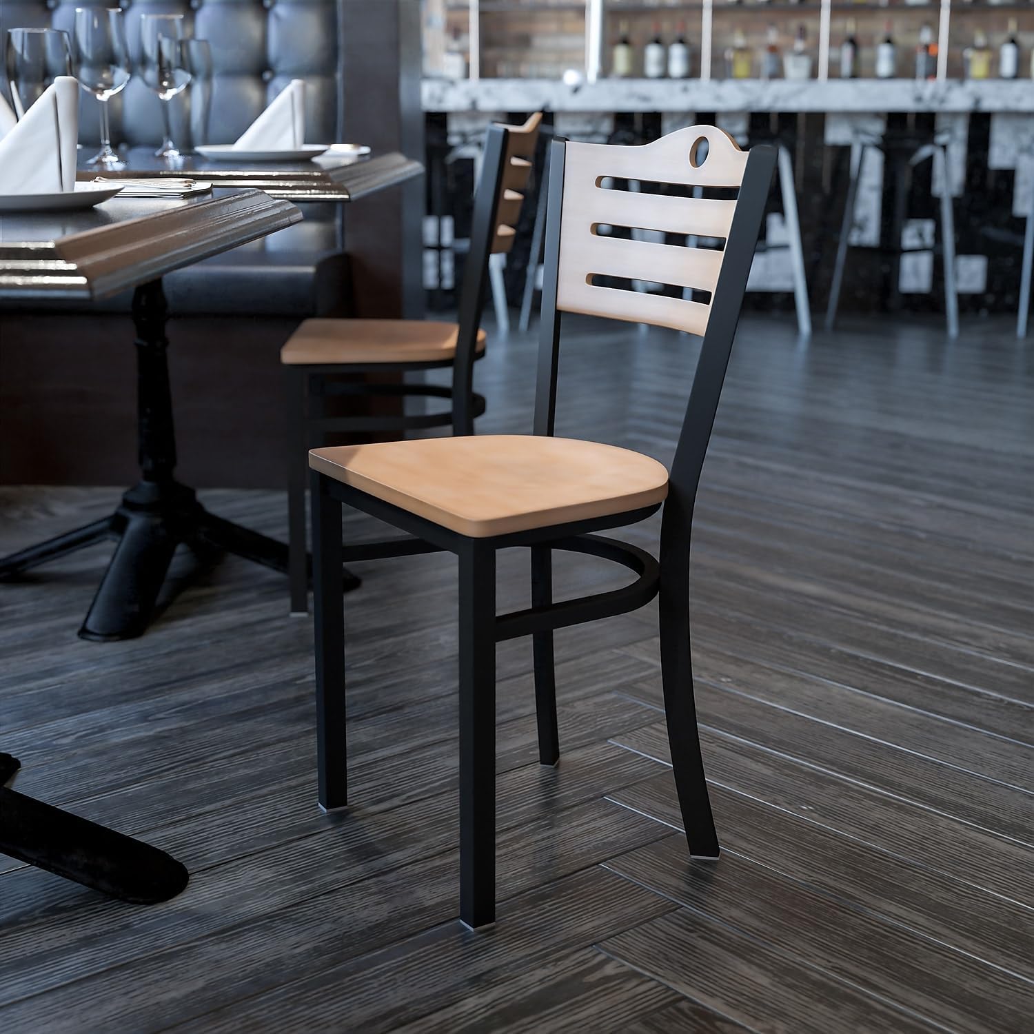 Flash Furniture HERCULES Series Black Slat Back Metal Restaurant Chair - Natural Wood Back & Seat