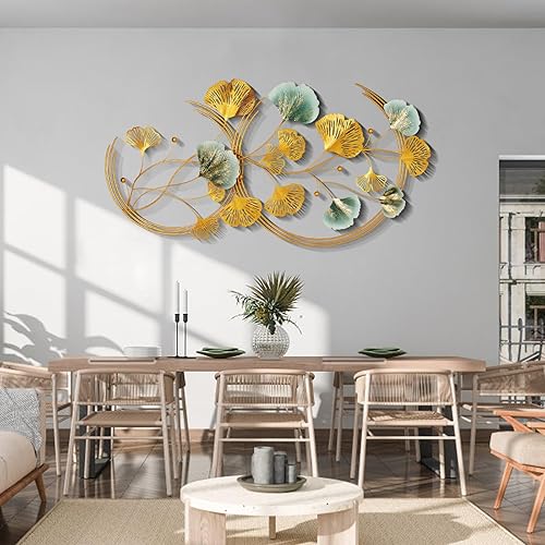 Miniatura 9 de Babyieia Arte de Pared de Metal con Hoja de Ginkgo 3D Extragrande de 59", Decoración de Arte de Pared Dorado para Sala de Estar, Decoraciones de