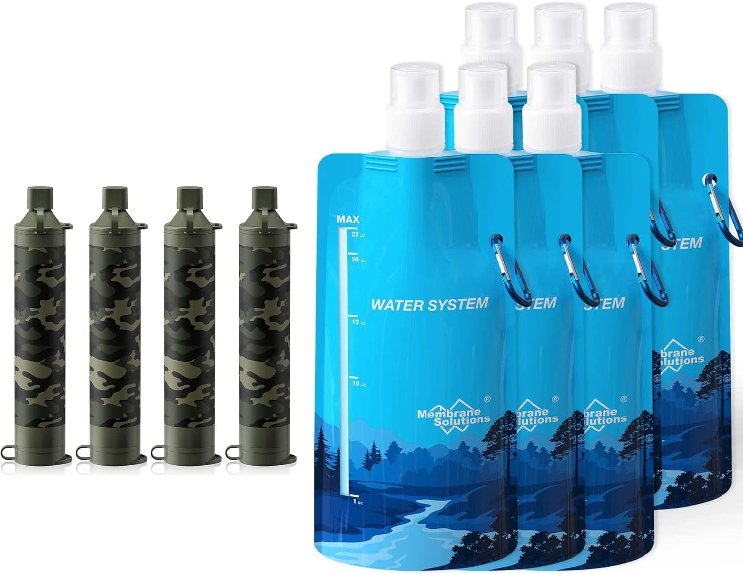 Membrane Solutions Squeezable Water Filtration System, Survival Water Purifier Kit, Portable Backpacking Gear Including Water Filter Straw and 23oz Collapsible Bottle for Hiking Camping Travel(4+6)