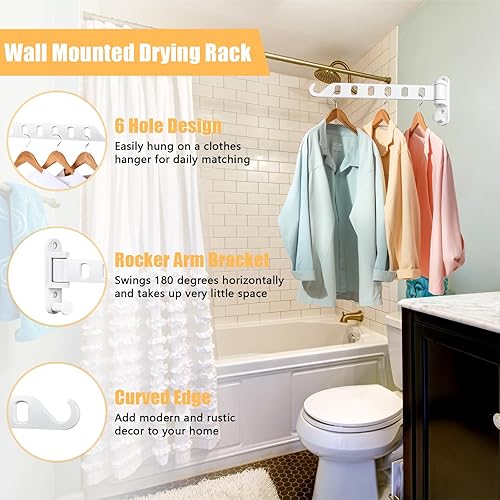 Miniatura 3 de FillTouch 4 piezas de tendedero para colgar en la pared, pequeño colgador de ropa con brazo oscilante, estante para colgar ropa blanca, perchero