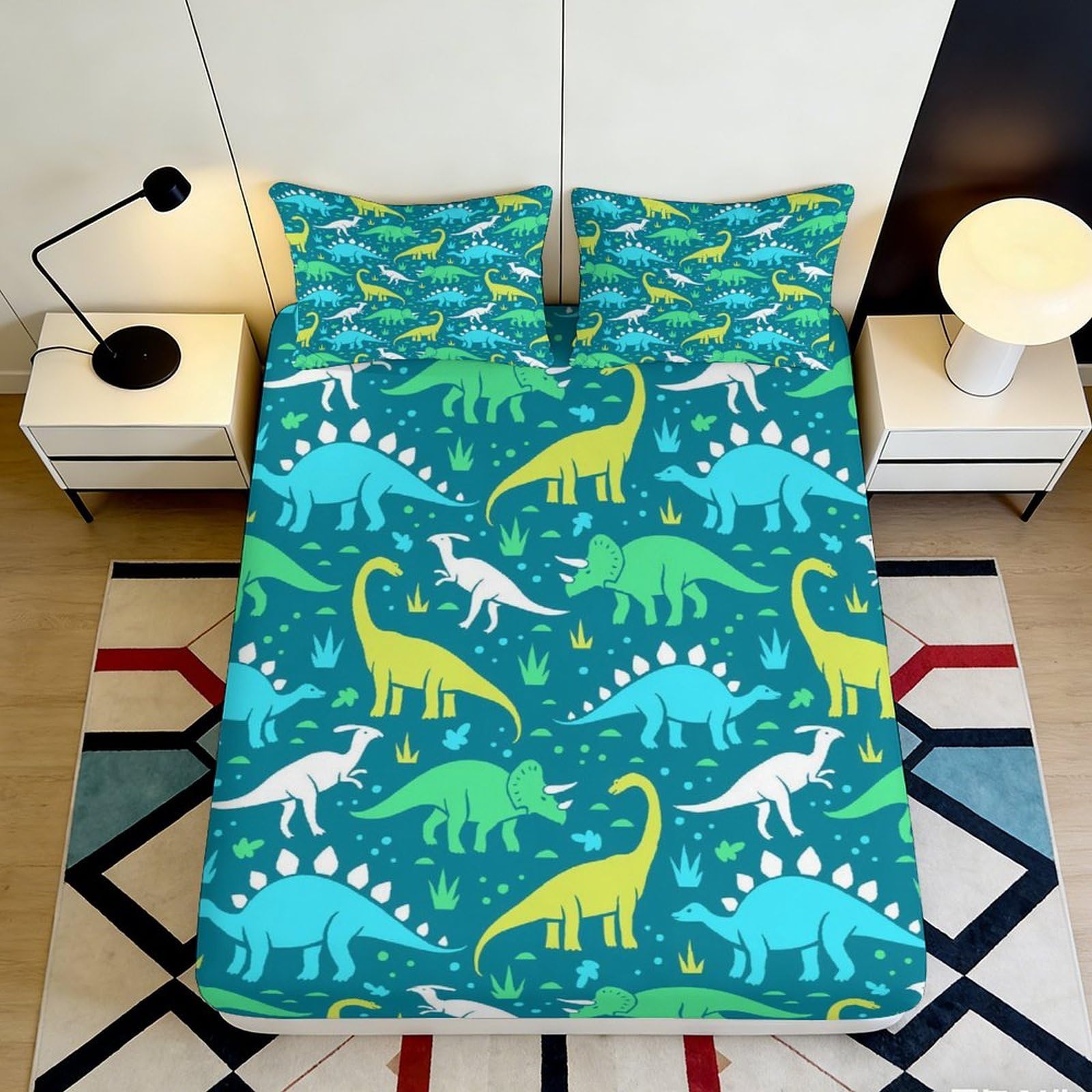 3D Printed Dinosaur Jungle Fitted Sheet Microfiber Soft Anti-Slip Blue Green Bed Sheet Bedroom Guest Room Decor 160x200x25cm