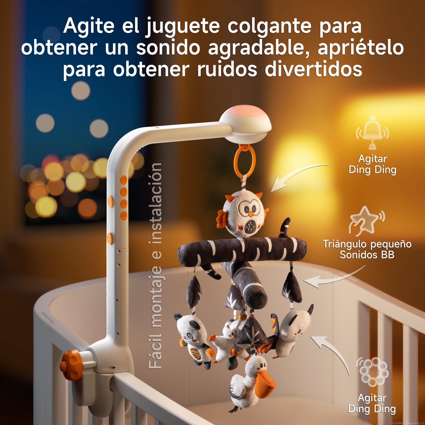 TUMAMA Movil Cuna Bebe, Juguete de Cuna moviles bebes, 3 en 1 con Desmontable Colgante, Luz Nocturna de Proyección, Música y Ruido Blanco, Juguetes sensoriales de Kinderwagen para 0 2 3 6 Meses