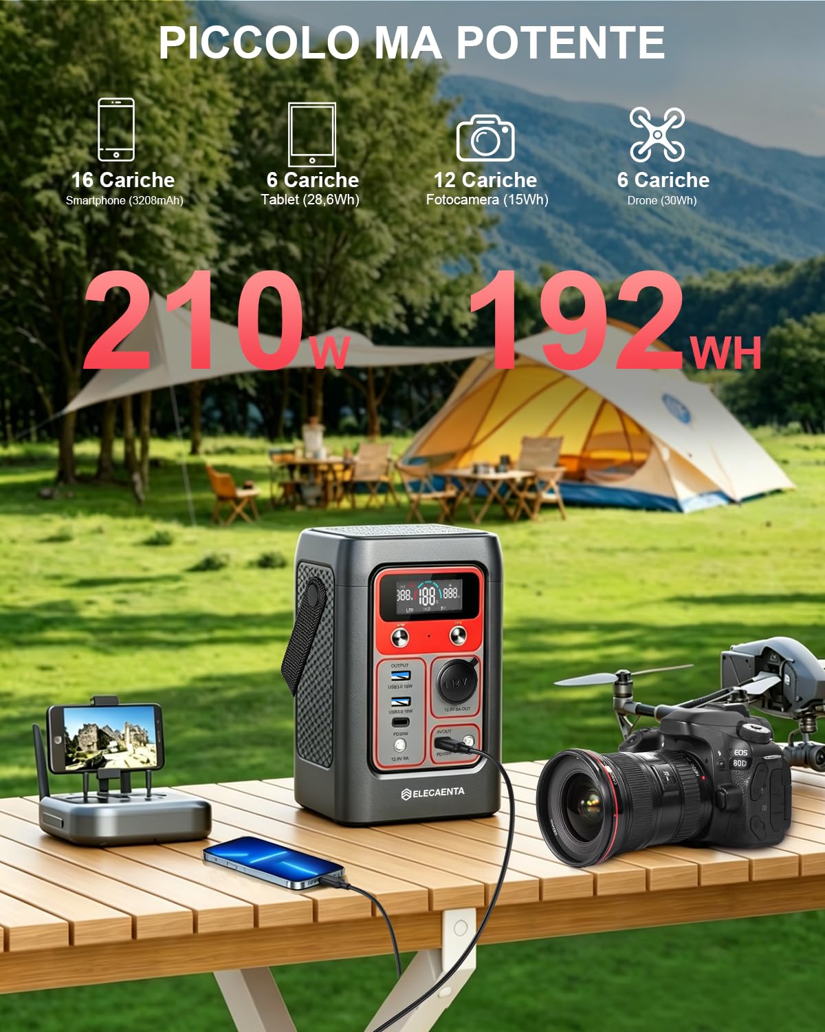 ELECAENTA Centrale Elettrica Portatile 192Wh LiFePO4 210W 6 Porte USB-C PD | 6 Uscite 210W Totali, Ricarica Solare/Auto/CA/USB-C PD 100W, LED SOS, LCD, Leggero 1,78kg per Campeggio Camper Emergenza
