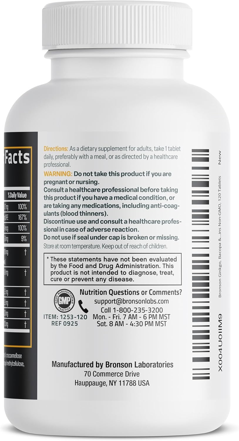 Bronson Ginkgo, Bacopa & Acetyl L-Carnitine Brain & Memory Support Complex with L-Tyrosine, Choline, CoQ10 & Phosphatidylserine Plus Key B Vitamins Non-GMO, 120 Tablets