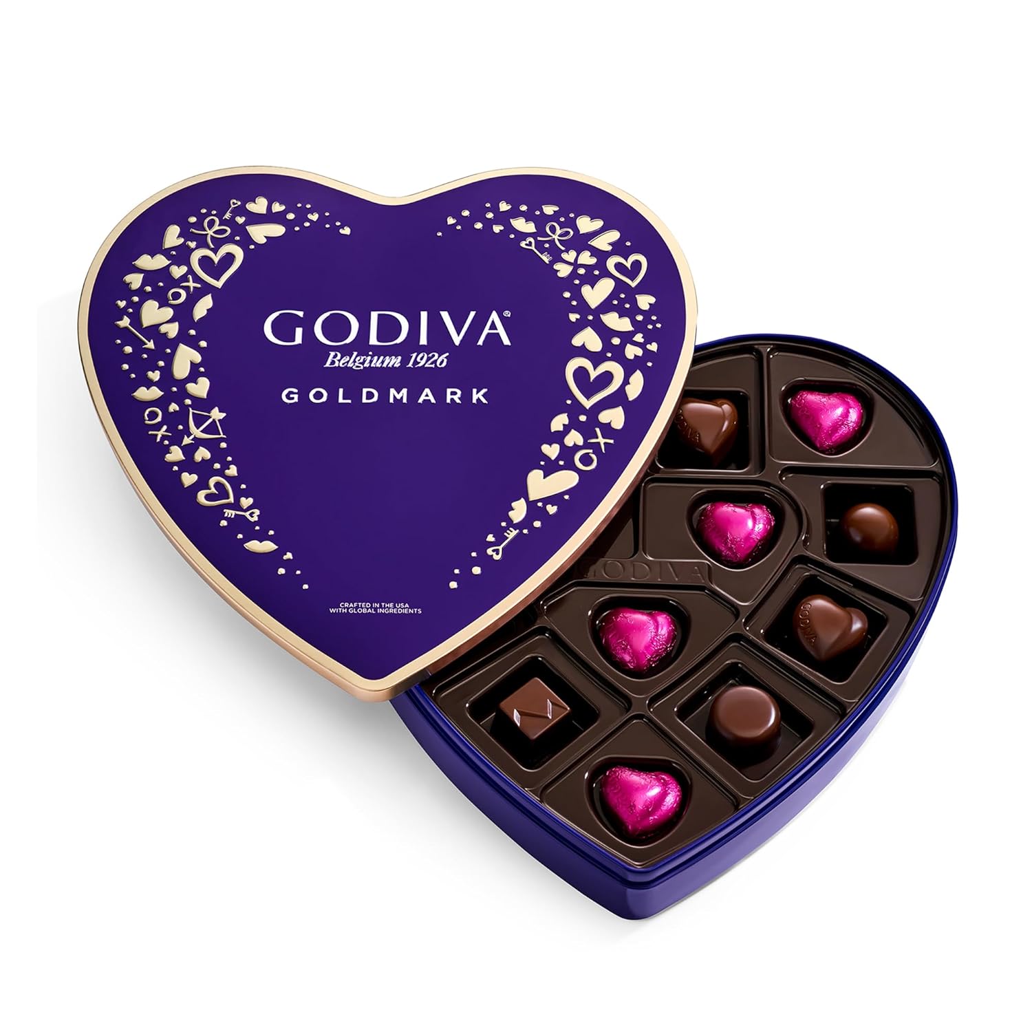 GODIVA Goldmark 14pc Heart Dark Chocolate Box with Ganache - Elegant Valentine's Day Gift Tin