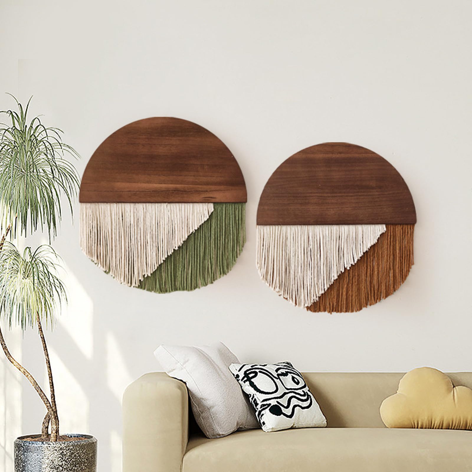 YHXBD 2 szt. Boho makrama ścienna wisząca ręcznie tkana geometryczna okrągła drewniana deska frędzle gobelin sztuka ścienna dekoracja, A-01, 40 x 40 cm