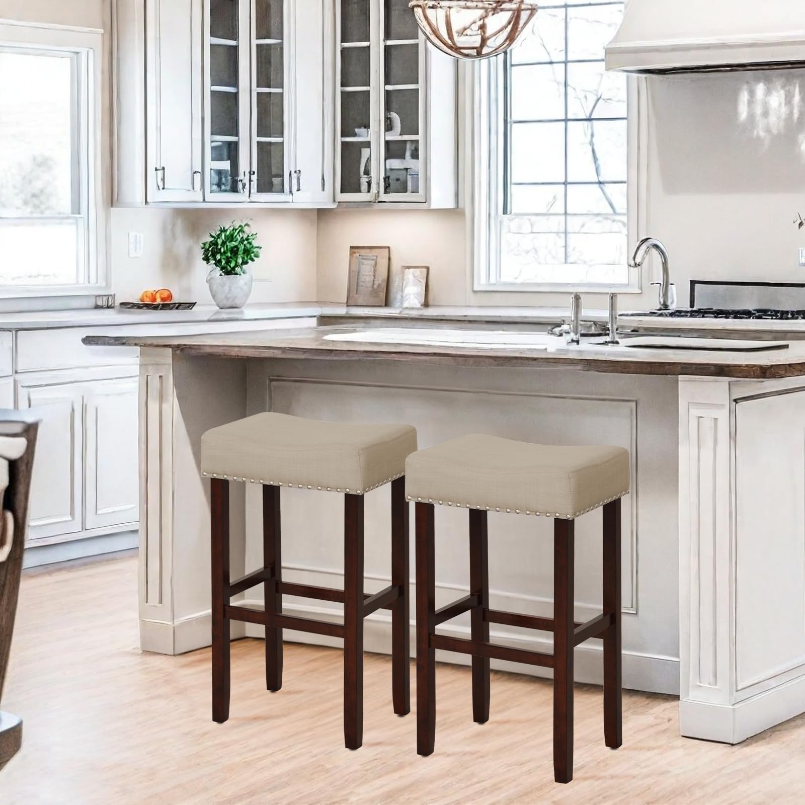 ERGOMASTER Bar Stools for Kitchen Island Set of 2 Bar Height 29 Inch Backless Barstools Modern Fabric Saddle Stools, Khaki/Brown