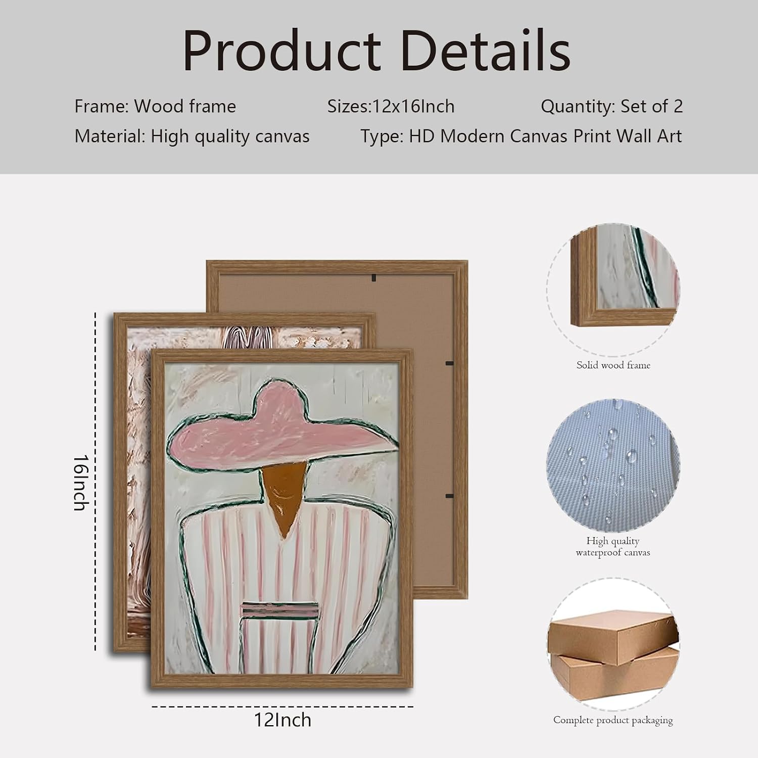 Boho Abstract Figure Wall Art Set of 2, Nordic Minimalist Hat Lady Canvas Prints, Neutral Vintage Textured Framed Artwork for Modern Home Decor 12x16 Inch