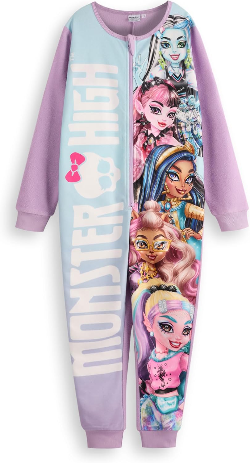 Monster High Girls Onesie | Kids All in One Sleepsuit Pajamas in Purple | Nightwear Fleece Zip One-Piece Bodysuit