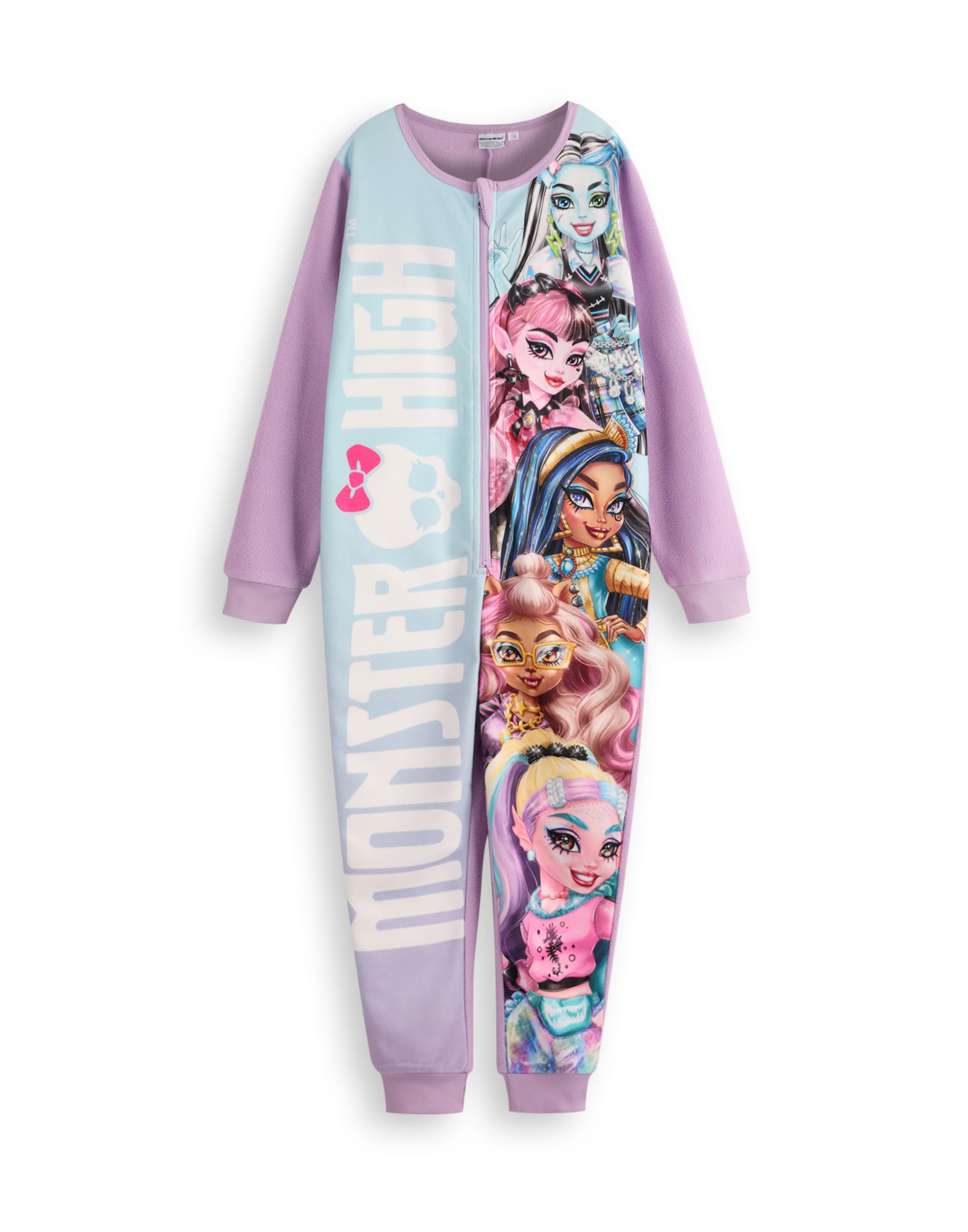 Monster High Girls Onesie | Kids All in One Sleepsuit Pyjamas in Purple | Nightwear Fleece Zip One-Piece Bodysuit | Draculaura Frankie Stein Clawdeen Wolf | Fashion Cartoon Series Merchandise Gift