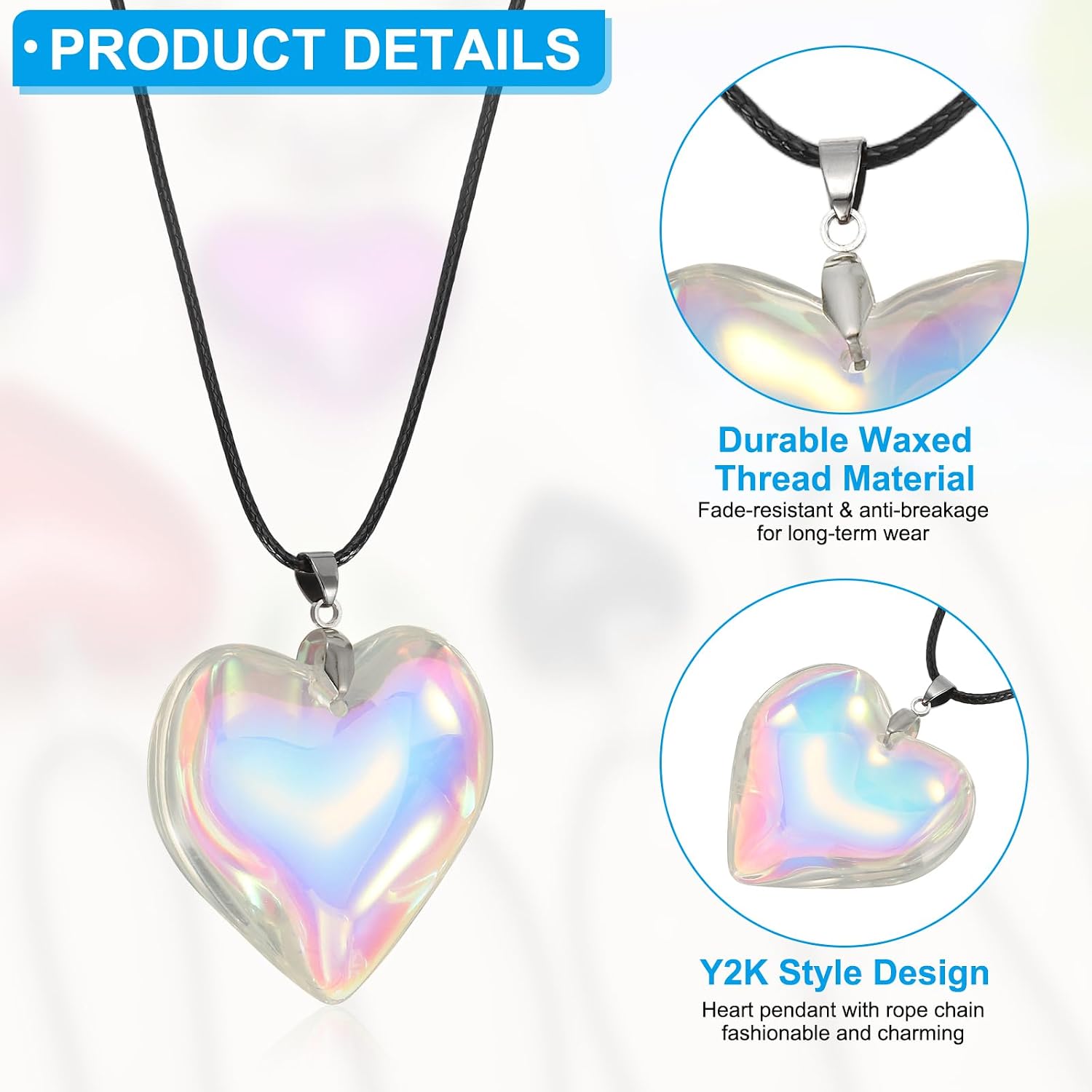 PATIKIL Glass Heart Shape Pendant Necklace,Waxed Thread Chain Love Heart Pendant Charms Necklace