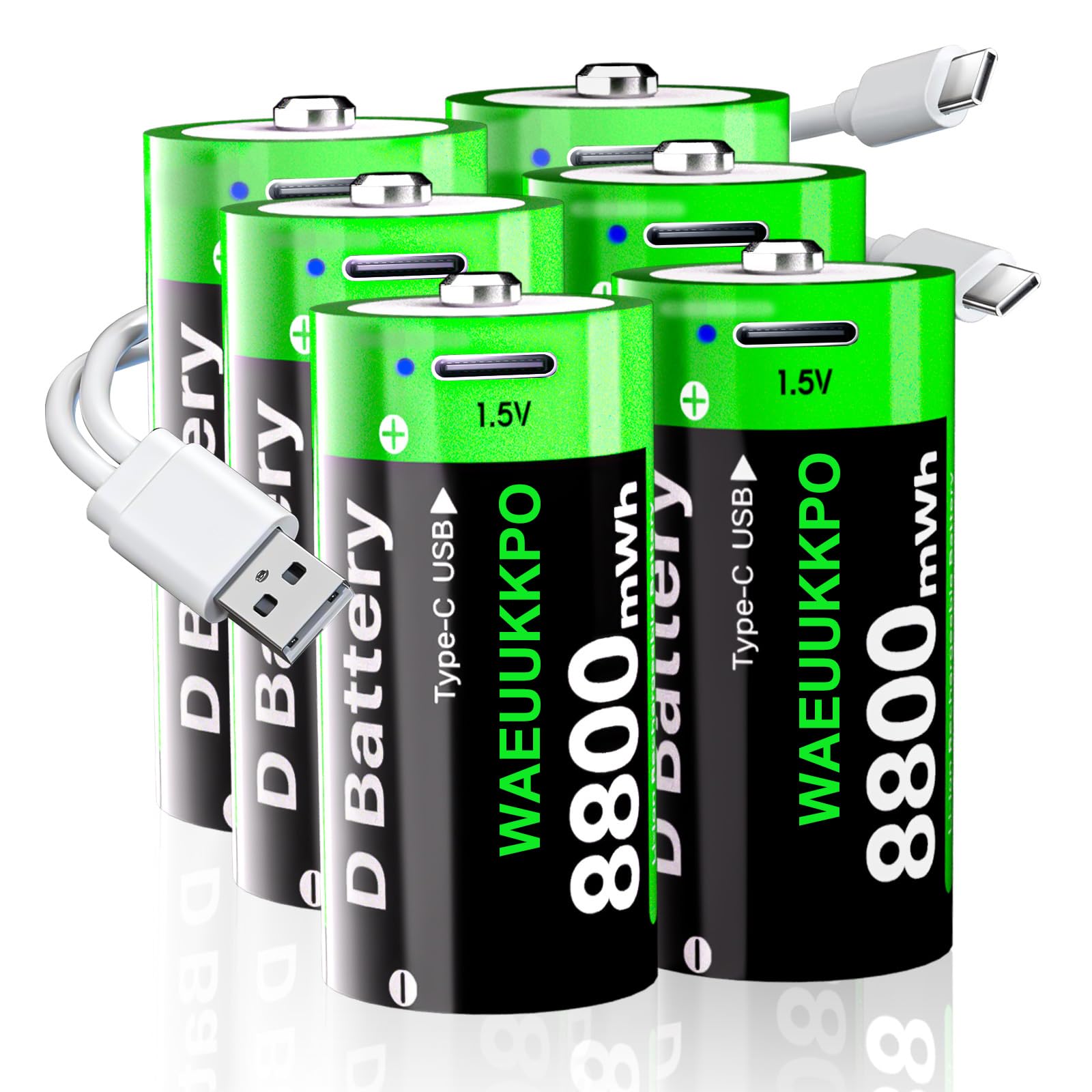 Batteria ricaricabile D, 8800 mWh, batterie al litio ad alta capacità, con cavo di ricarica USB-C, 1,5 V, dimensione D, LR20, batteria di ricambio per torcia, fotocamera, proiettore giocattolo (6