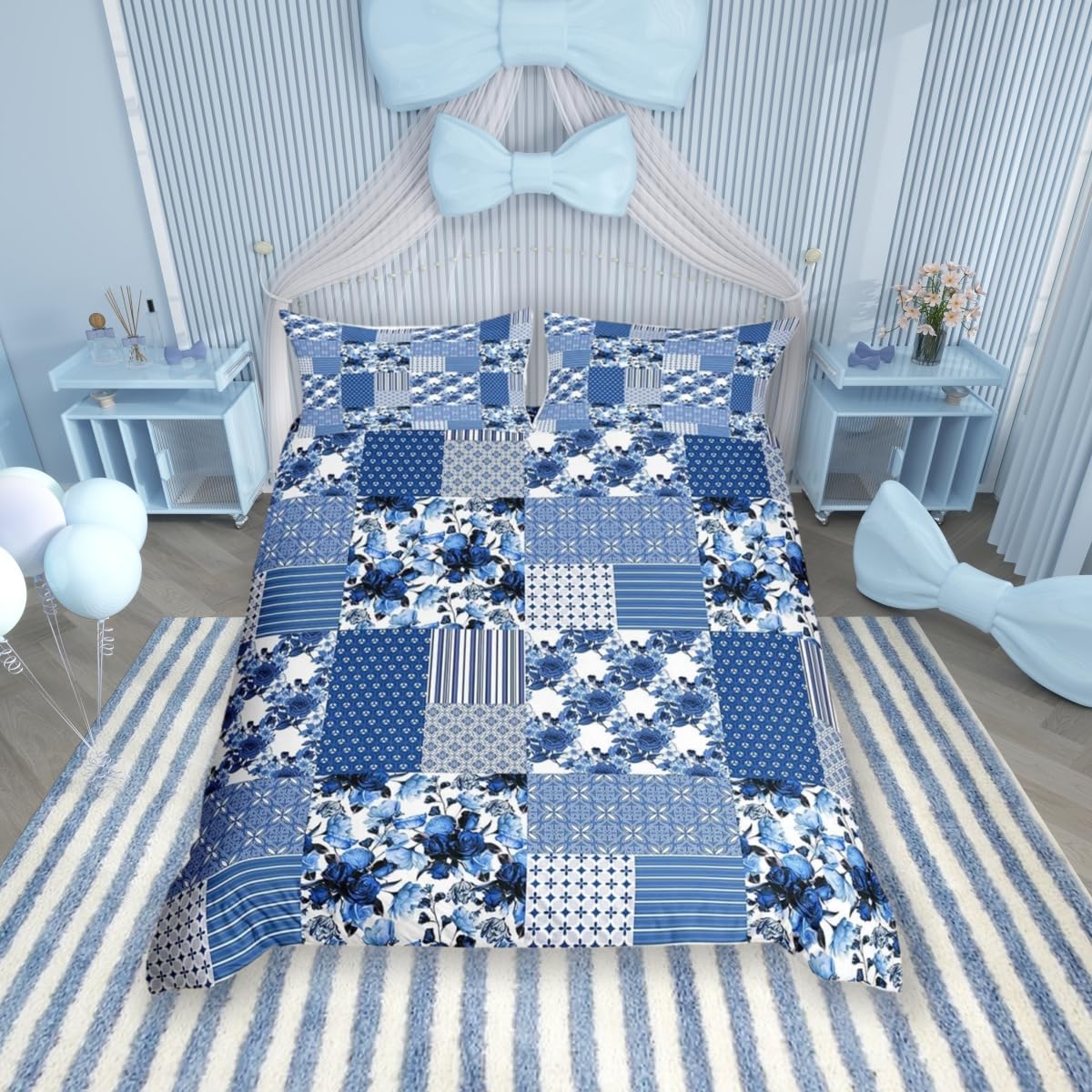 Feelingyou Multi 25 Navy Blue Flowers Patchwork Bedding Set King Size,Country Floral Plant Print Duvet Cover Set For Children Bedroom Present, Stripes Geometric Plaid Microfiber Comforter Cover With 2 Pillowcases