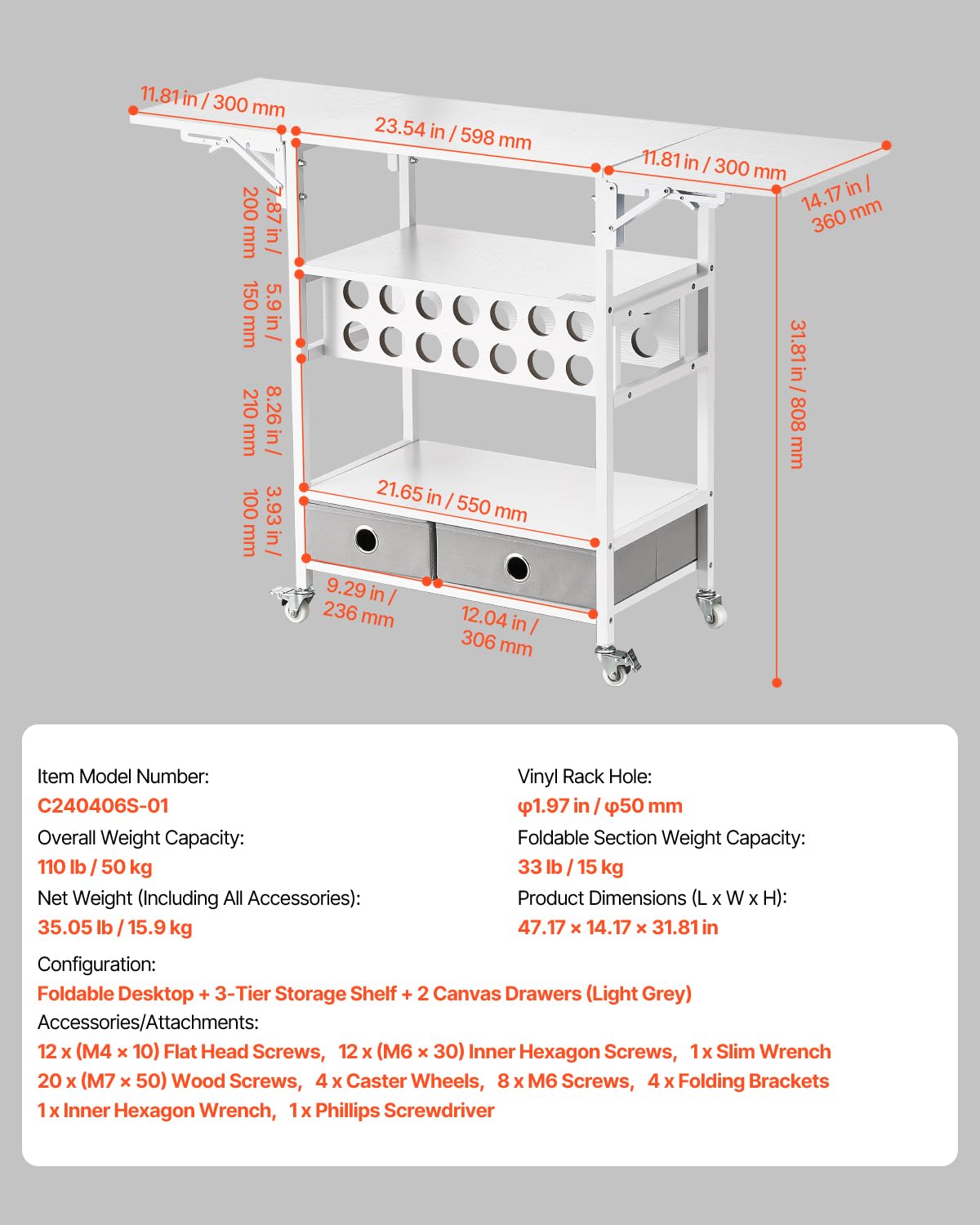 VEVOR Chariot de Rangement, Compatible avec les Plotters de Découpe, Table de Travail Artisanal, avec Côtés Pliables, Organisateur Mobile pour l'Artisanat avec 14 Porte-rouleaux de Vinyle et 2 Tiroirs