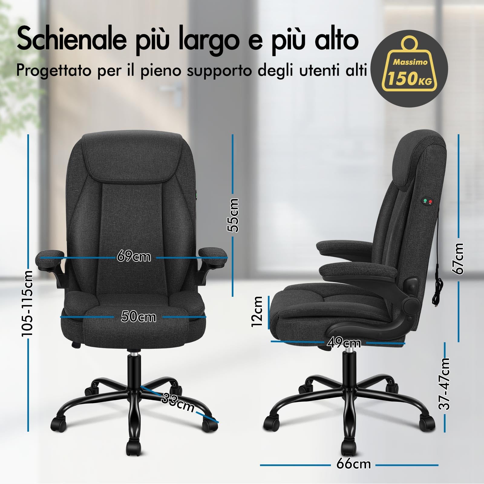 ALFORDSON Sedia Ufficio con Massaggio, Sedia Scrivania Ergonomica con Supporto Lombare, Poltrona Girevole ad Altezza Regolabile per Ufficio e Studio Sala Riunioni, Portante 150 kg, Tessuto(Nera)
