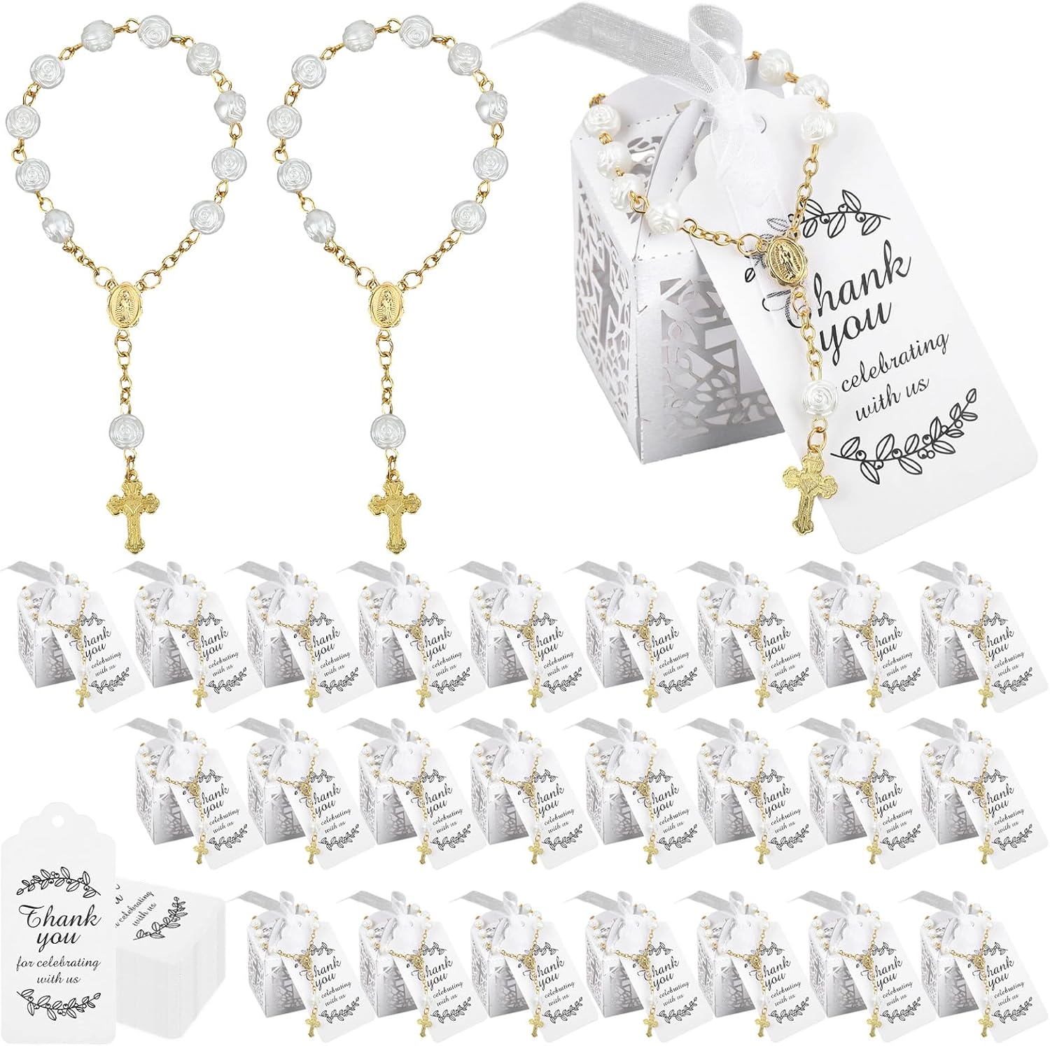100 Pcs Baptism Favors Set Includes 25 Mini Rosary, Baptism Decorations Boxes, Organza Bags and 25 Pcs Thank You Tags for Recuerdos De Bautizo Christening Wedding Party Supplies(golden)