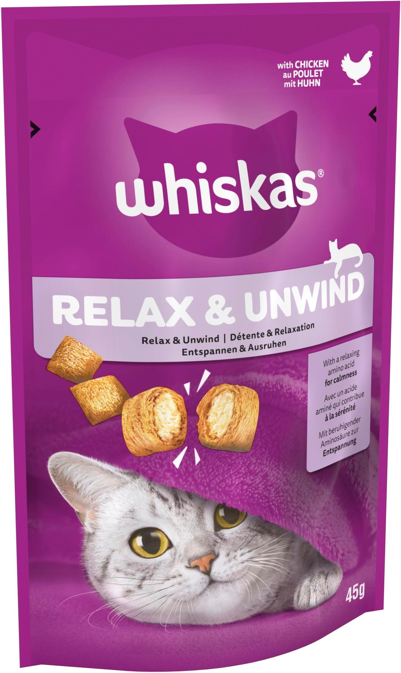 Whiskas Relax and Unwind - Cat Treats - Small Bite Size Snacks with Chicken Filling - 8 x 45 g
