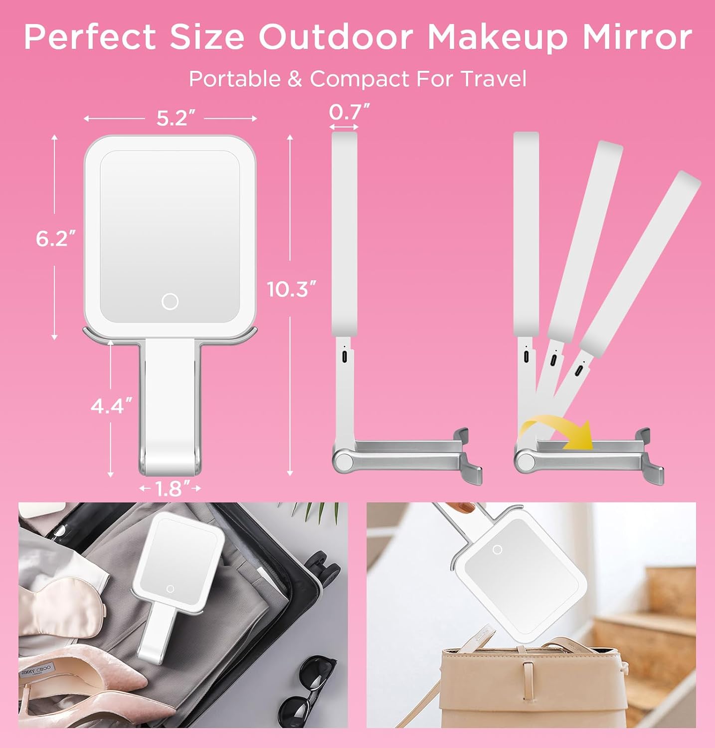 Travel Mirror with Lights, Magnifying Makeup Mirror 10X/1X Double Sided with 3 Color Lighting & Dimmable Touch Screen, Compact Handheld Cosmetic Vanity Mirror for Desktop Travel/Bathroom, Women Gifts - Image 7