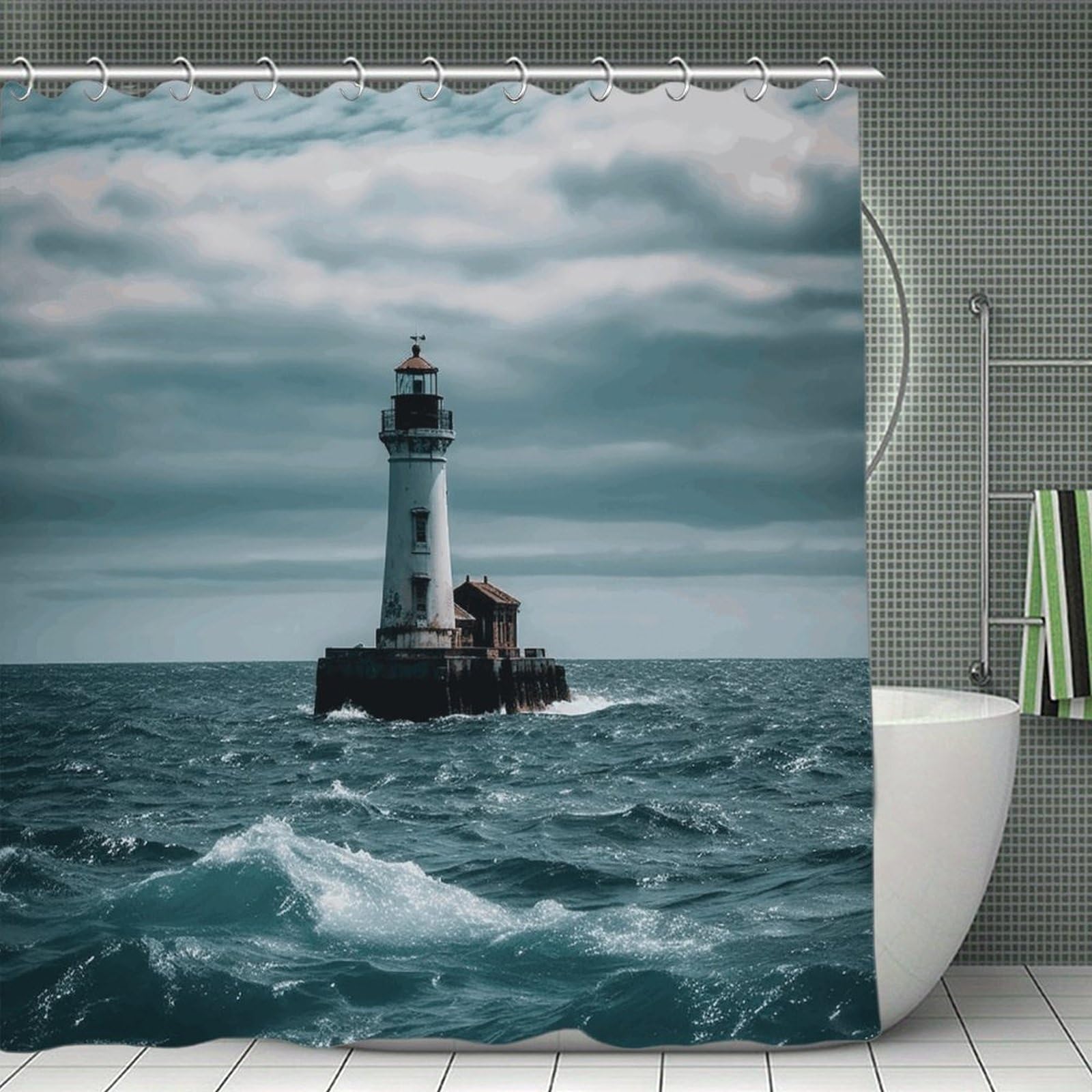 VstaDank Lighthouse Ocean Shower Curtain Waterproof Bathroom Curtain with Hooks Luxury Weighted Bath Curtains for Bathtubs Showers Room Dividers Decorative Shower Curtains 71x71 in