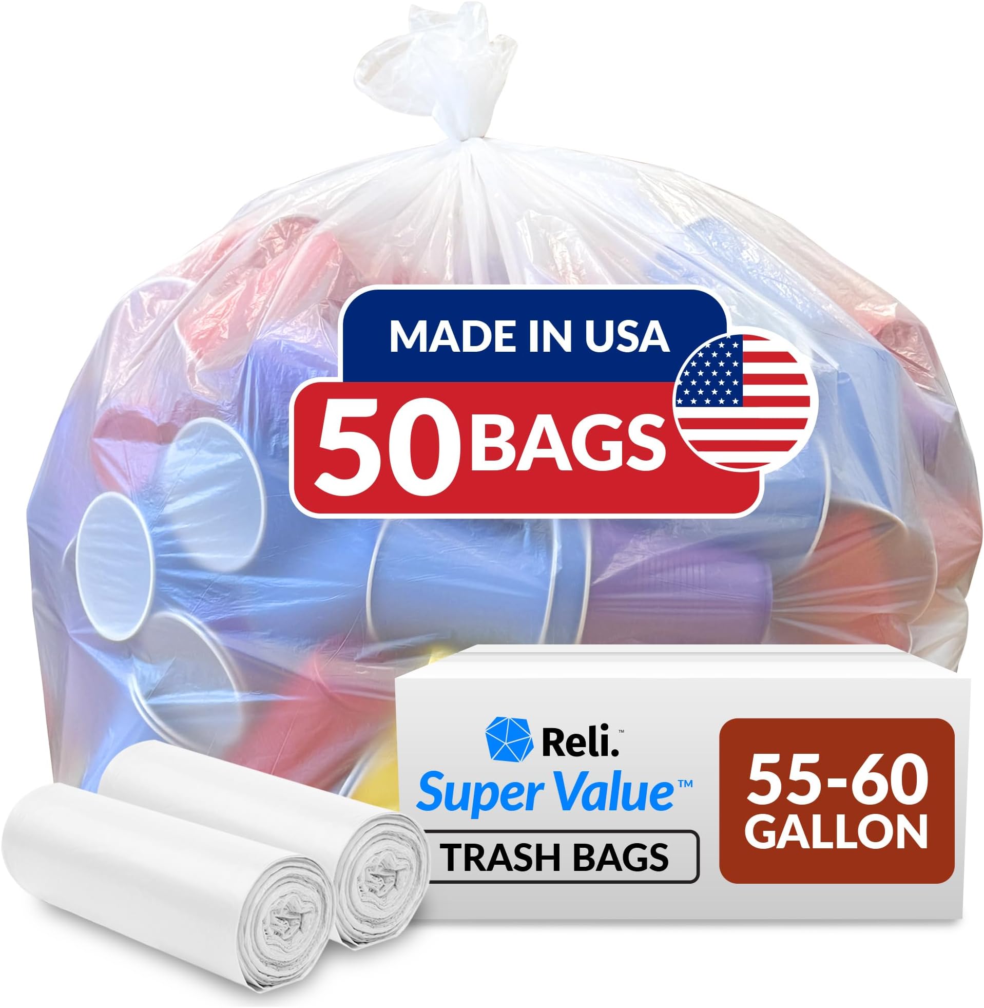 55 Gallon Clear Trash Bags, (50 Bags w/Ties) Large Clear
