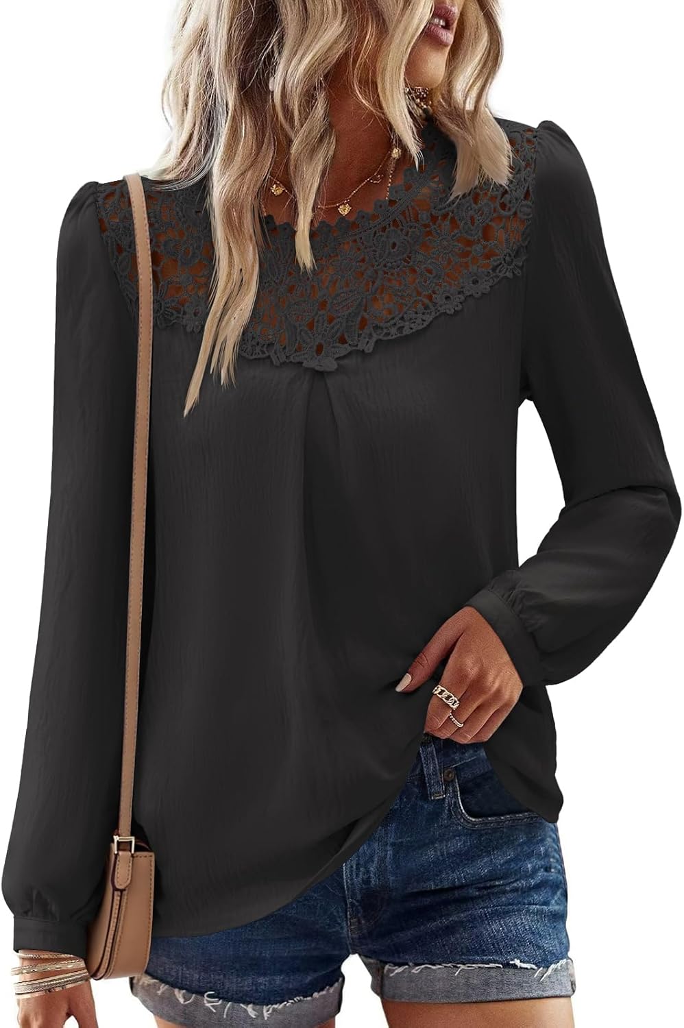 Boho Tops for Women Flowy Tops Long Sleeve Shirts Dressy Casual Chiffon Blouse Lace Hem Crochet Clothing Trendy 2026 - Image 2